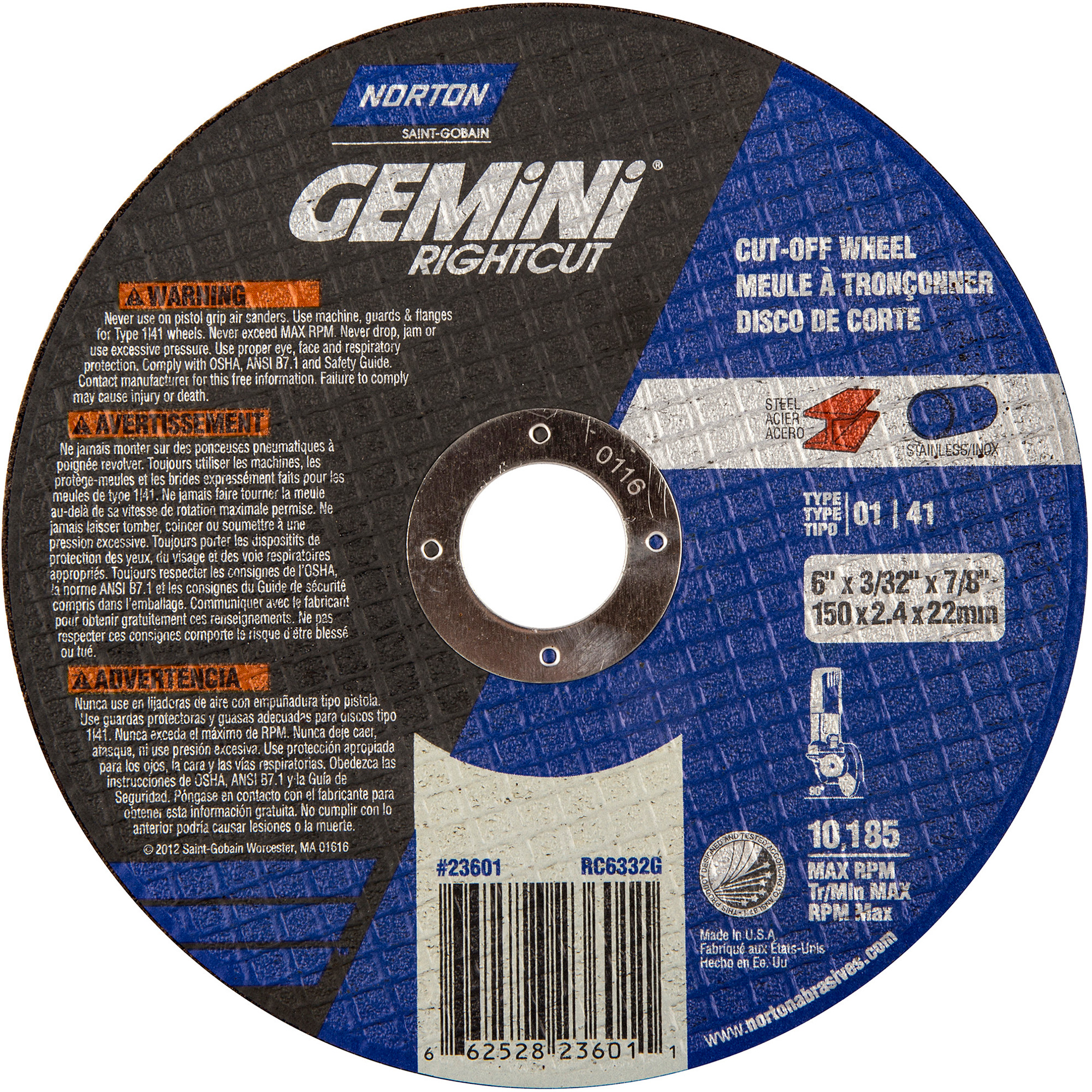 TAMPON MINI RIGHTCUT RENFORCE 6 X 3/32 X 7/8, 6" x 0,09"/3/32", Arbre de 7/8", Type 1, Oxyde d'aluminium, 10185 Tr/min