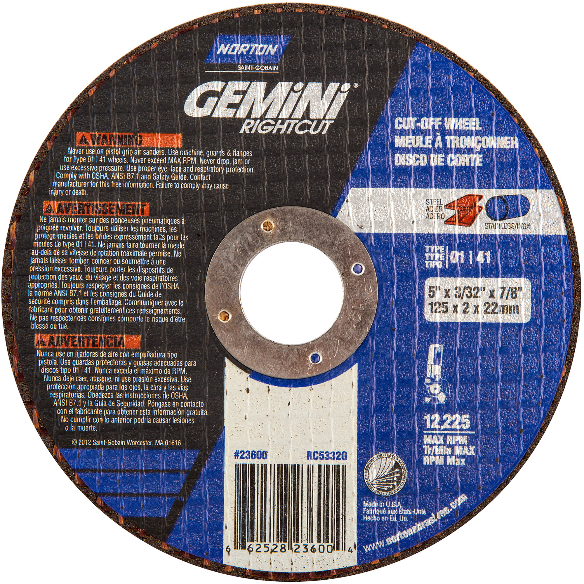TAMPON RENFORC GEMINI RIGHTCUT 5 X 3/32 X 7/8, 5" x 0,09"/3/32", Arbre de 7/8", Type 1, Oxyde d'aluminium, 12225 Tr/min