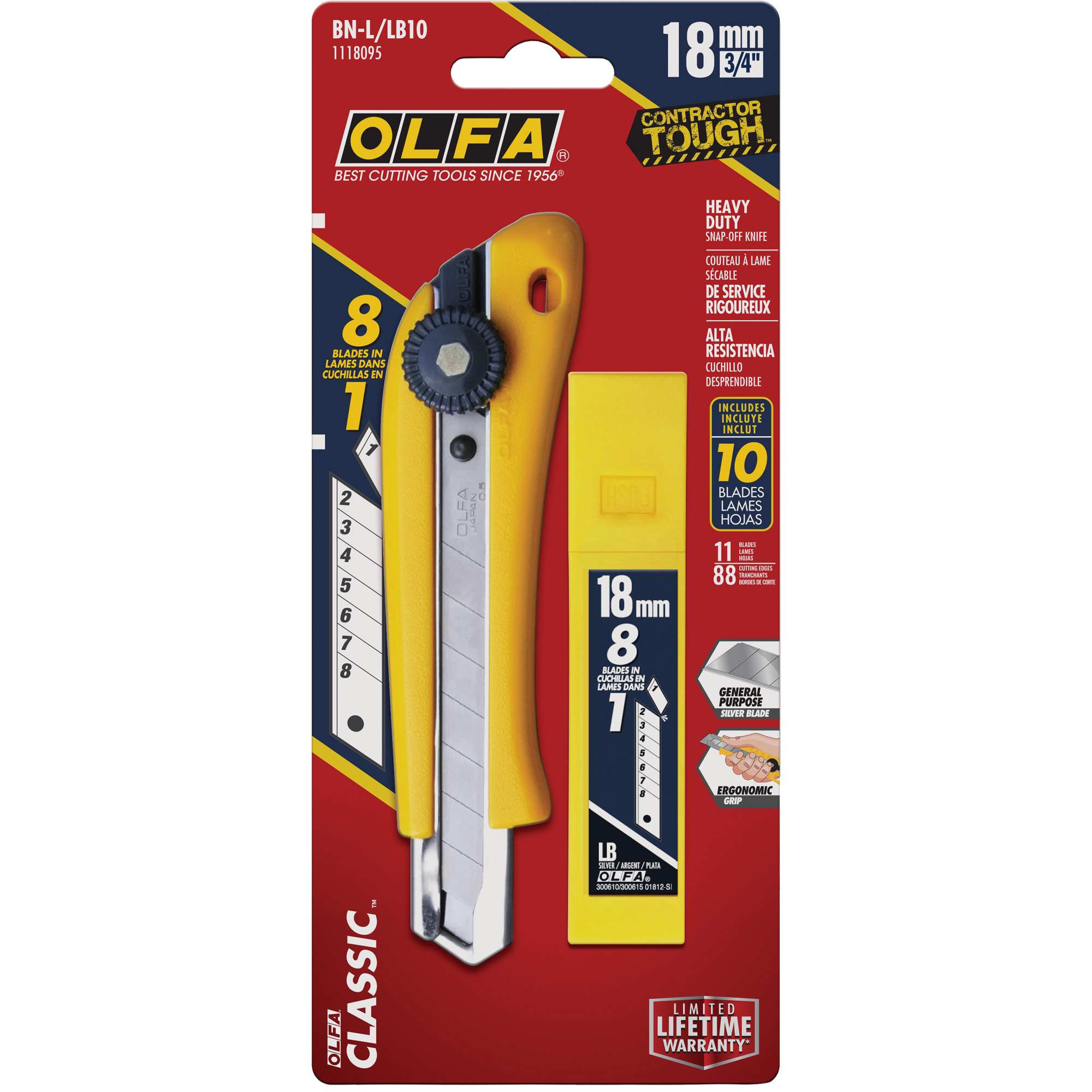Couteau utilitaire robuste avec lames de rechange, 18 mm, Lame Acier inoxydable