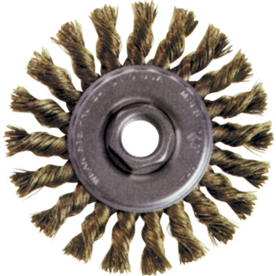 Brosse rotative à fils noués pour petites meuleuses haute vitesse, Dia. 4", Fils 0,02", Arbre 5/8"-11, Acier