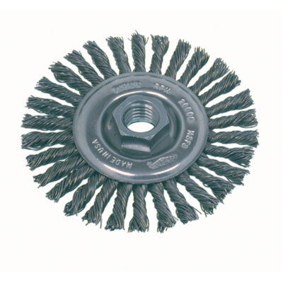 Brosse rotative à fils noués pour petites meuleuses haute vitesse, pour passe de fond, Dia. 4", Fils 0,02", Arbre 5/8"-11, Acier