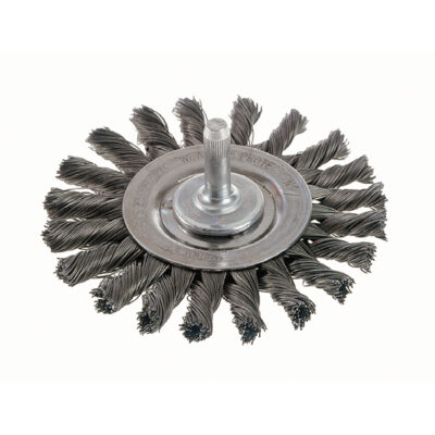 Brosses rotatives à fils noués - Brosse rotative à fils noués a/queue 1/4", fils noués standards, Dia. 3", Fils 0,014", Acier