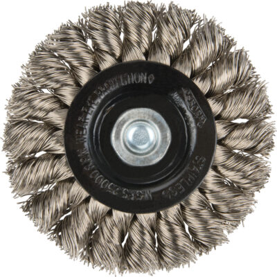 Brosses rotatives à fils noués - Brosse rotative à fils noués a/queue 1/4", Fils noués standards, Dia. 3", Fils 0,014", Acier inoxydable