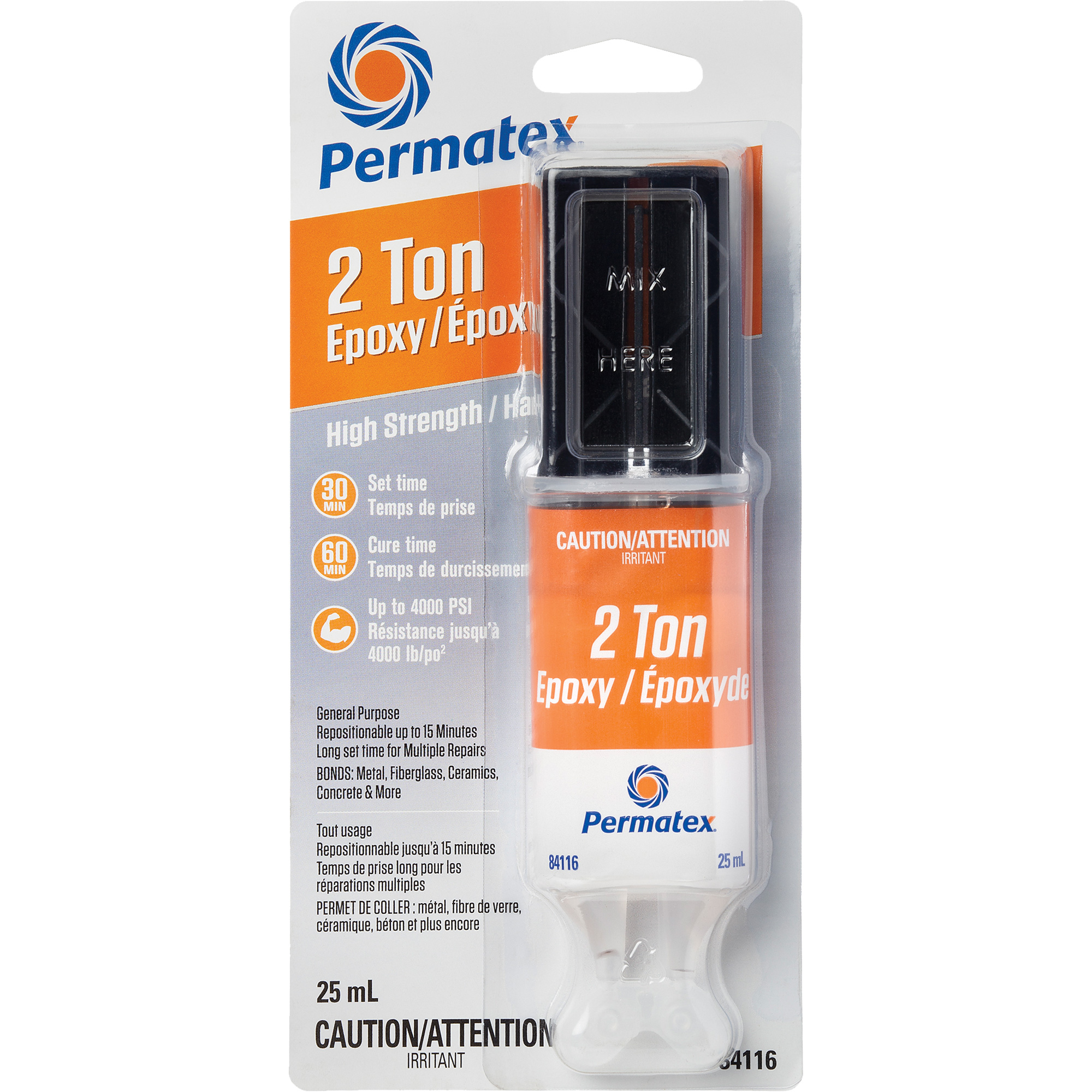 Colle époxyde avec capacité de 2 tonnes, 25 ml, Seringue, Deux composants, Transparent