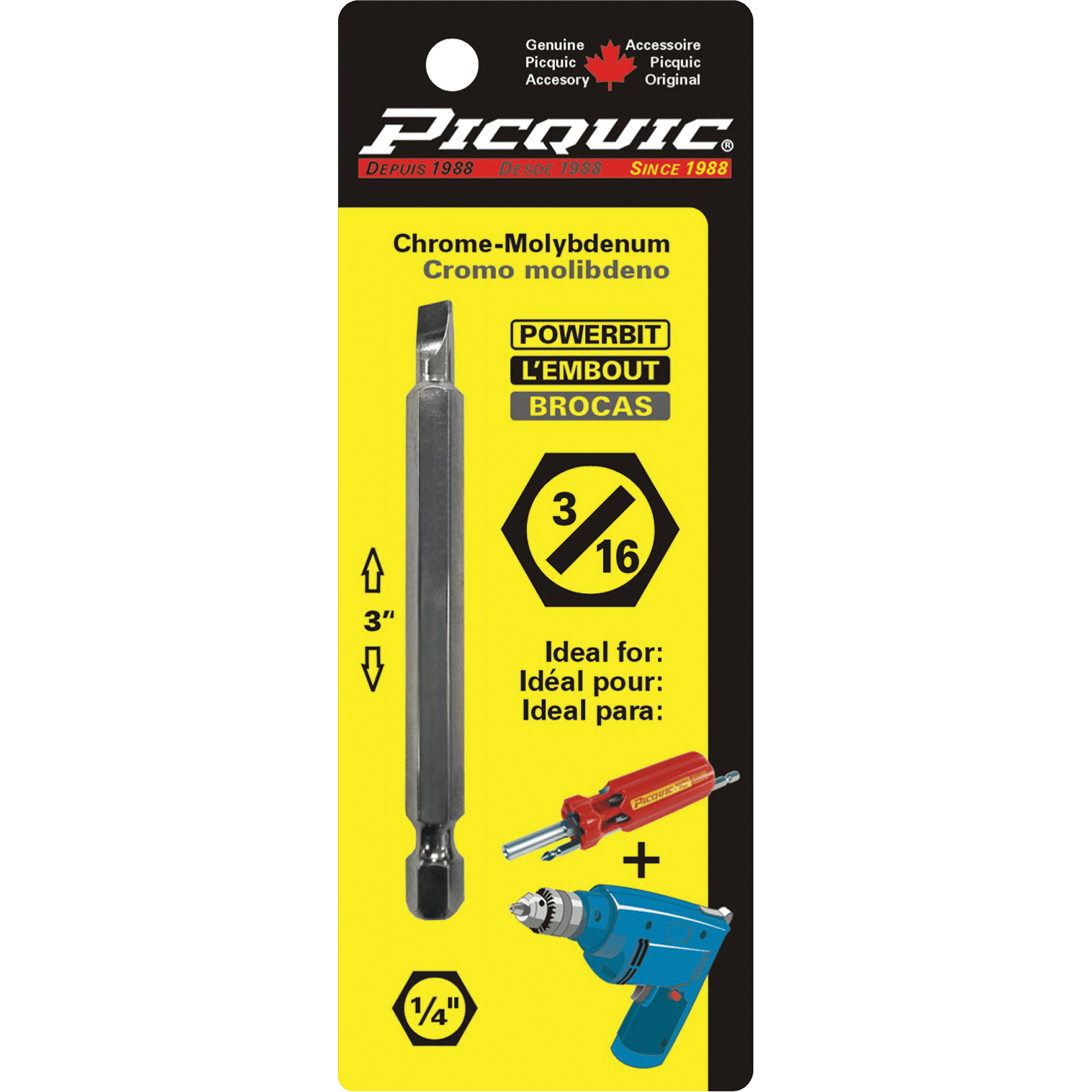 Embout, Fente, Embout 3/16", Prise 1/4", Longueur 3"
