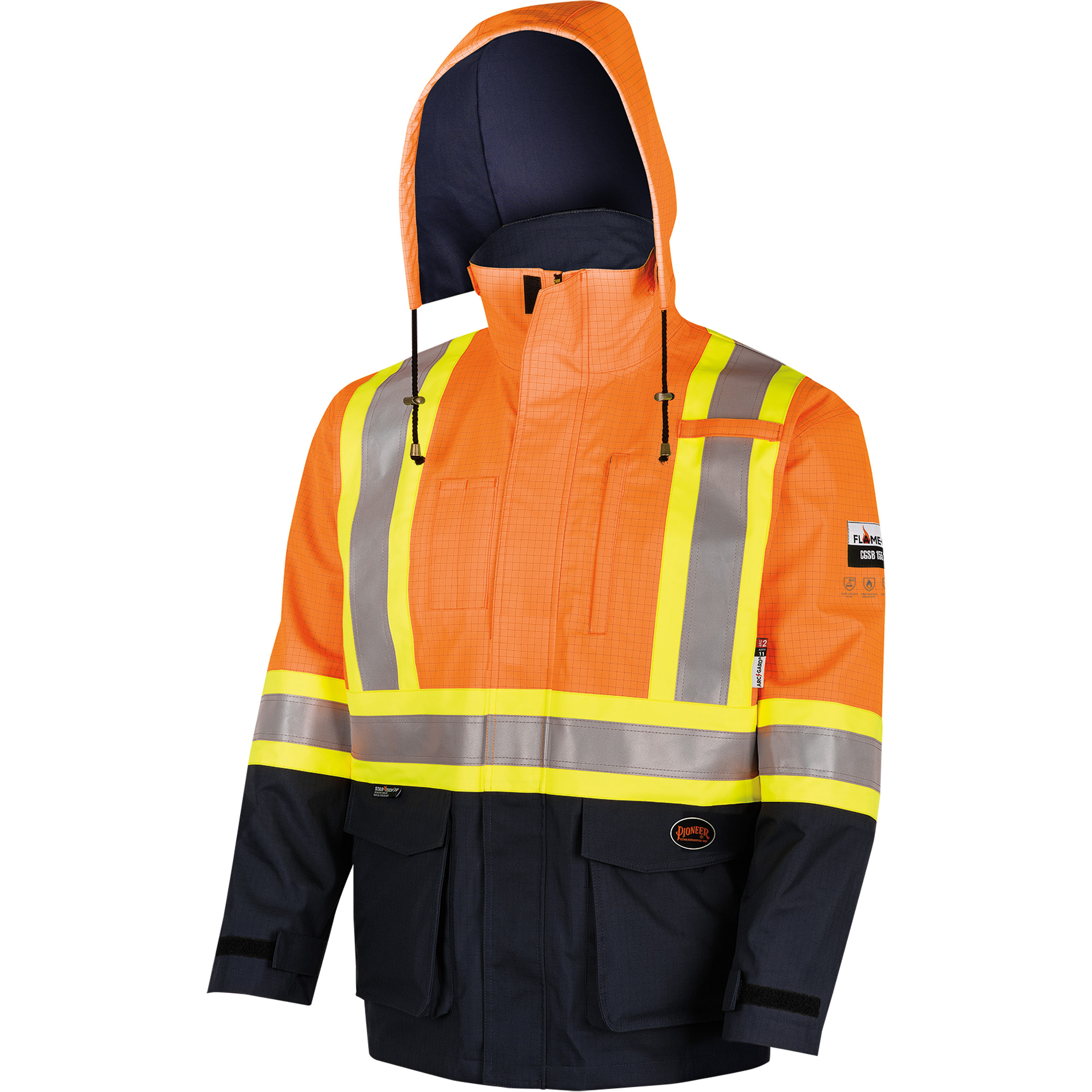 4484 Manteau de sécurité DefenderMD antistatique/ignifuge/anti-arc électrique en trilaminé, 5T-Grand, Noir/Orange haute visibilité, 11 cal/cm²