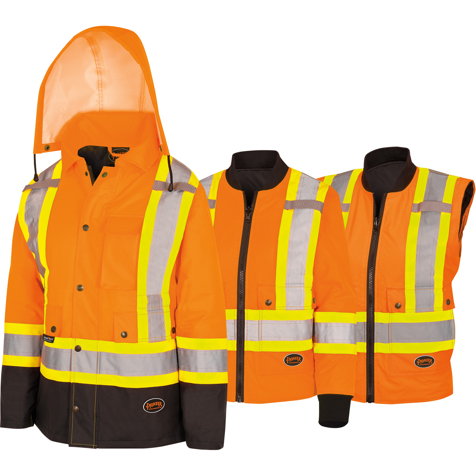 5020BBW Manteau 7 en 1 imperméable pour femmes avec capuchon, Polyester/Polyuréthane, Orange haute visibilité, 4T-Grand