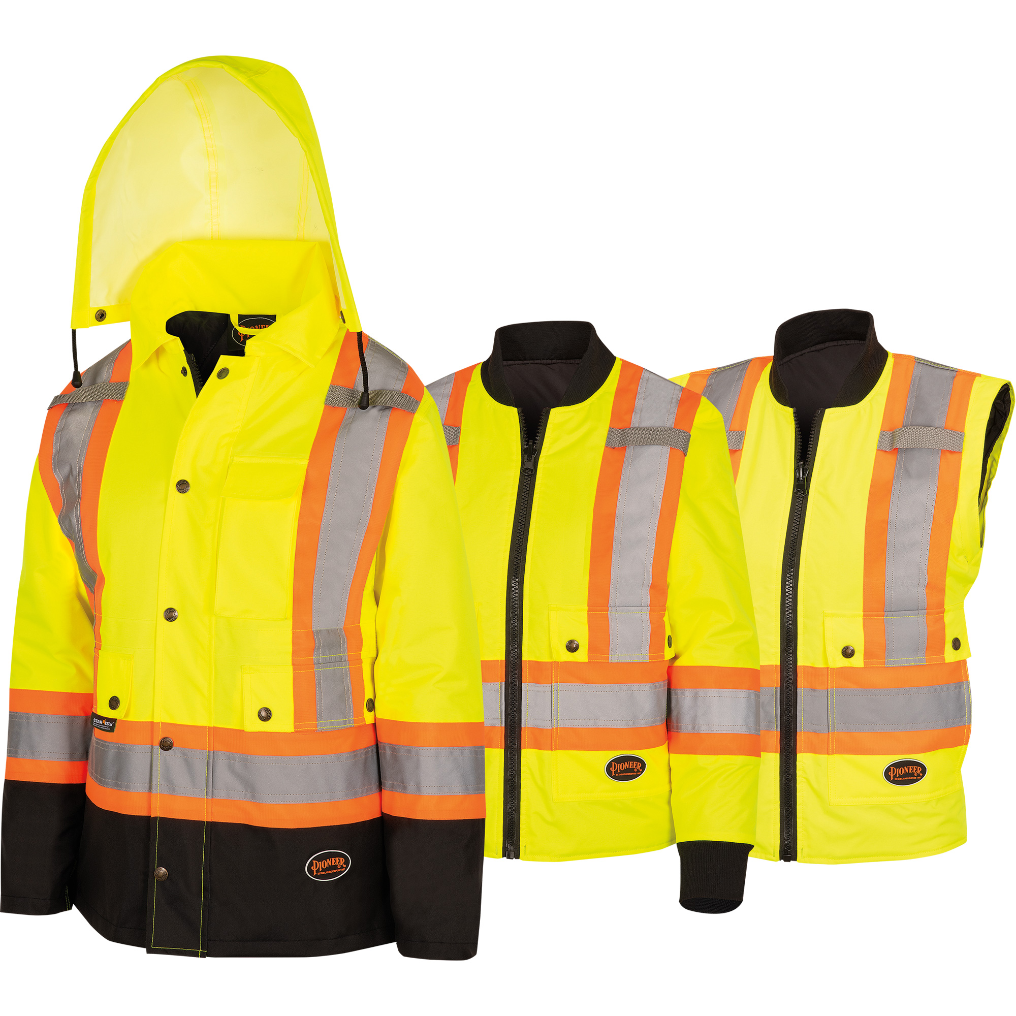 5021BBW Manteau 7 en 1 imperméable pour femmes avec capuchon, Polyester/Polyuréthane, Jaune lime haute visibilité, 3T-Grand