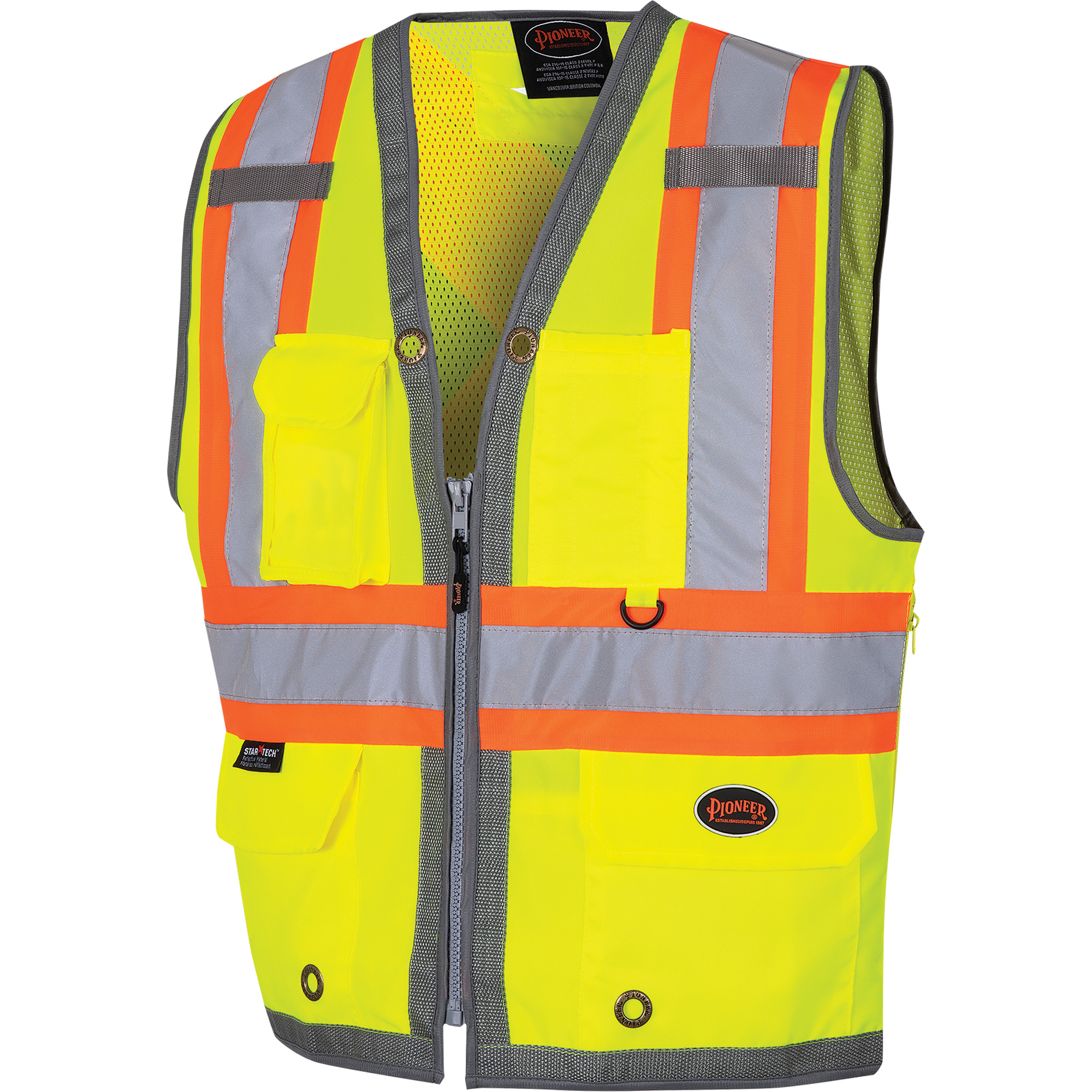6673 Veste pour arpenteur avec fermeture à glissière et dos en maille, Jaune lime haute visibilité, 6T-Grand, Polyester