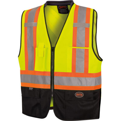 6895 Veste de sécurité haute visibilité bicolore avec fermeture à glissière sur tout le devant, Noir/Jaune lime haute visibilité, 2T-Grand/3T-Grand, Polyester