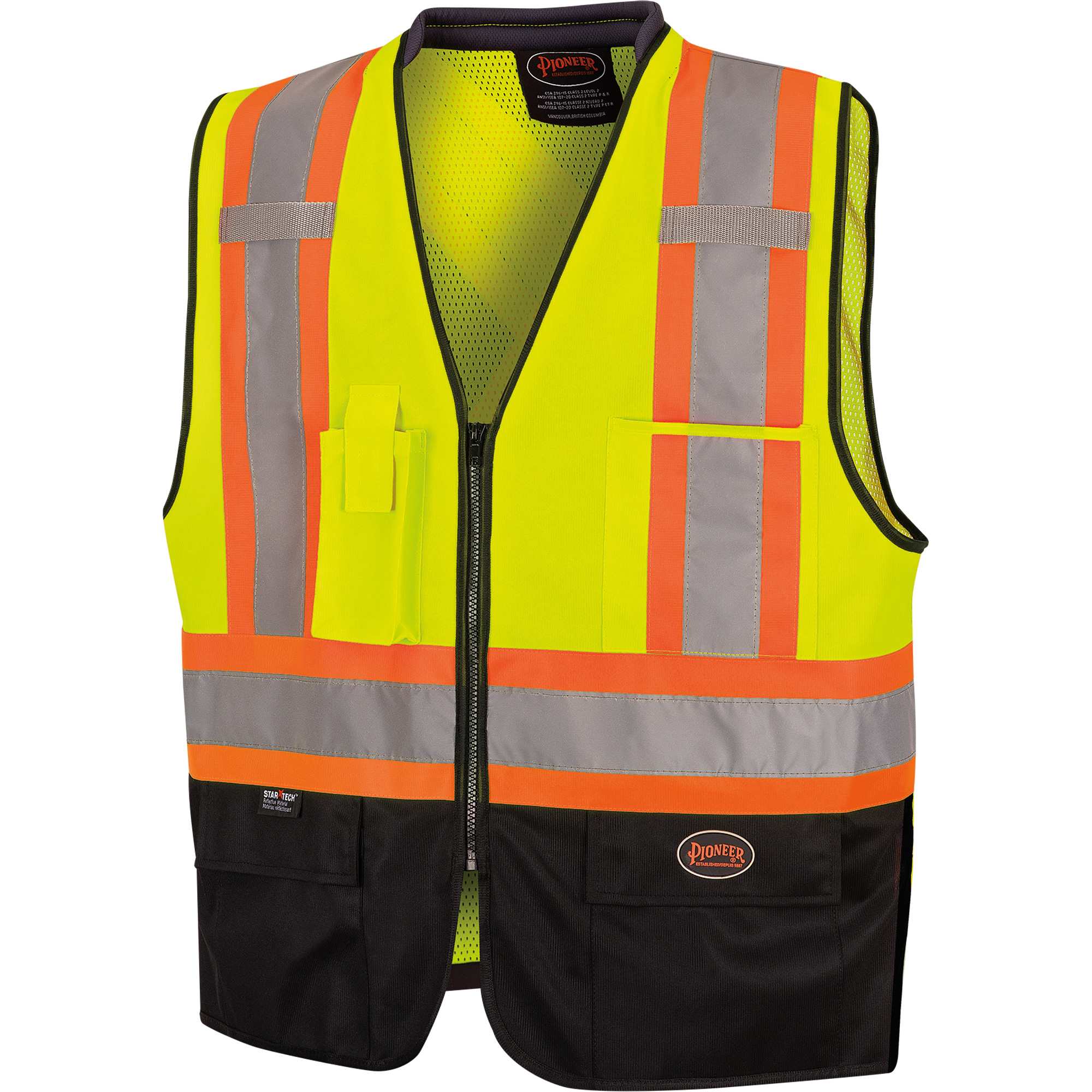 6895 Veste de sécurité haute visibilité bicolore avec fermeture à glissière sur tout le devant, Noir/Jaune lime haute visibilité, 2T-Grand/3T-Grand, Polyester