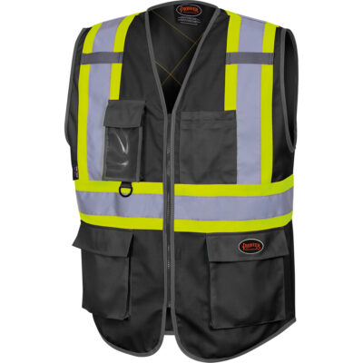 6959BK Veste en tricot chaîne de sécurité haute visibilité avec fermeture à glissière, Noir, Moyen, Polyester