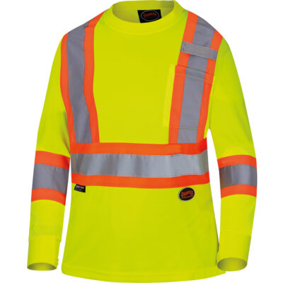6969 Chandail de sécurité à manches longues en il-de-perdrix pour femme, Polyester, Moyen, Jaune lime haute visibilité