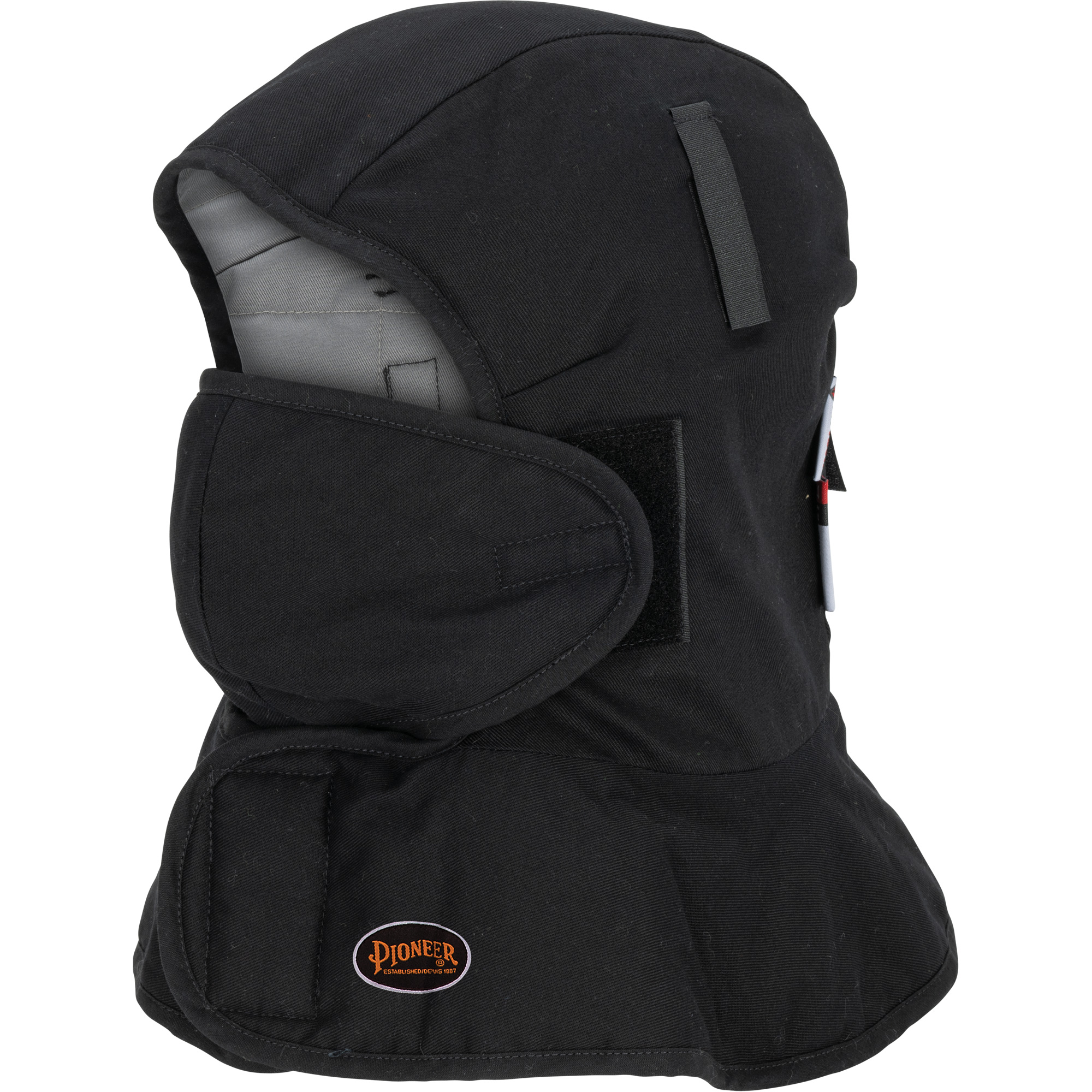 Doublure matelassée ignifugée Pioneer 765A pour casque de sécurité avec un long cou et embout buccal amovible, Noir/Gris, Coton/FR-TechMD/Modacrylique/Nylon