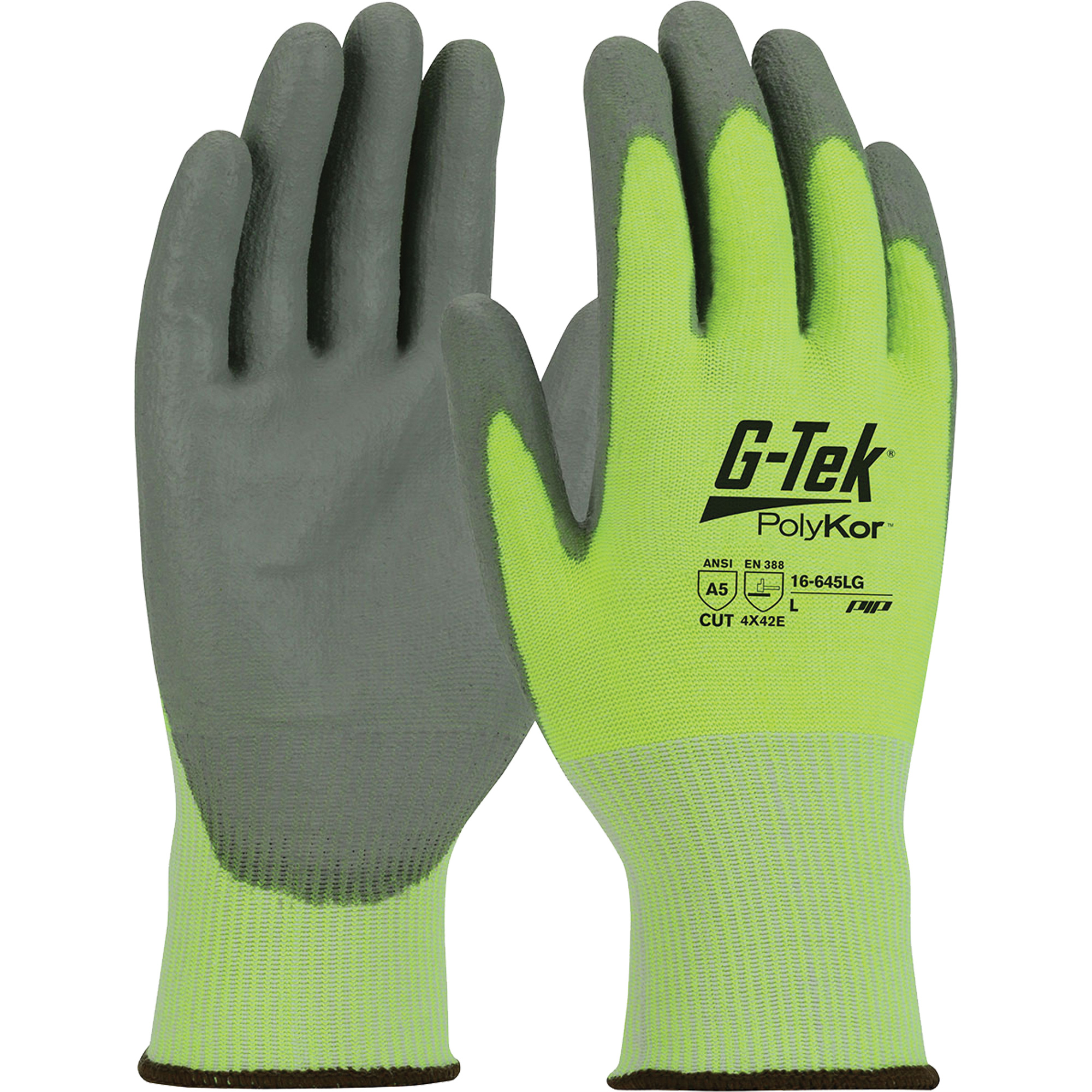 Gants résistants aux coupures G-TekMD PolyKorMD, Taille T-Grand, Calibre 13, Revêtement Polyuréthane, Enveloppe en Polyéthylène, ASTM ANSI niveau A5/EN 388 niveau E