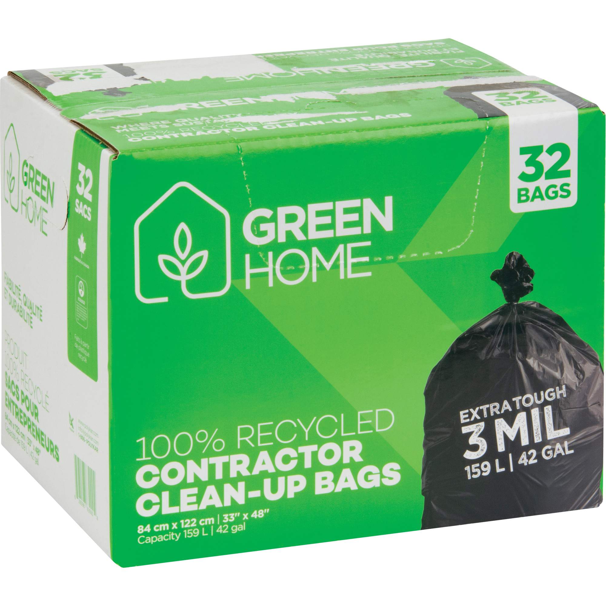 Sacs à ordures Green Home, Fort, 33" la x 48" lo, 3 mils, Noir, Capacité 159 L (42 gal.)