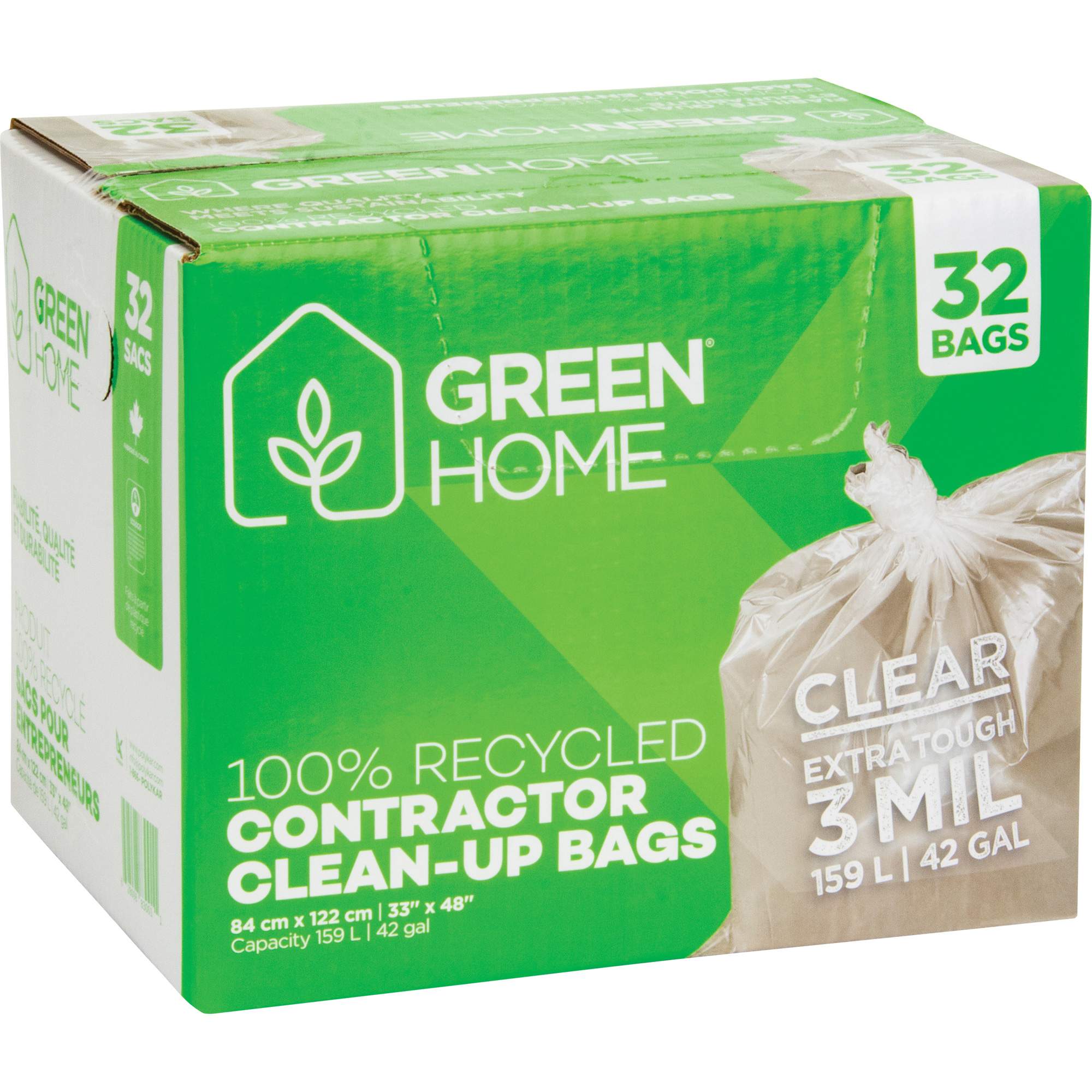 Sacs à ordures Green Home, Fort, 33" la x 48" lo, 3 mils, Transparent, Capacité 159 L (42 gal.)