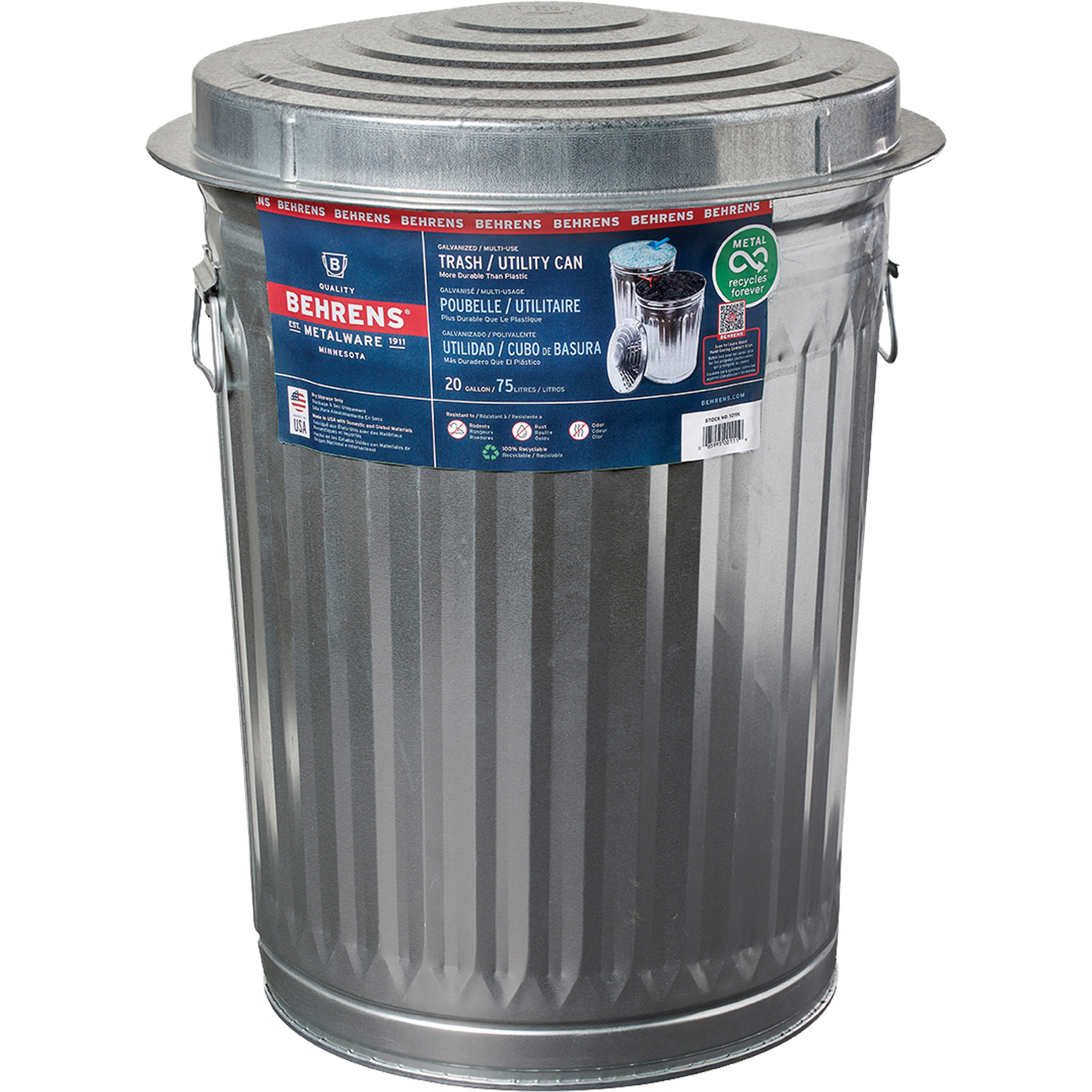 Poubelle avec couvercle, Acier galvanisé, 20 gal. US