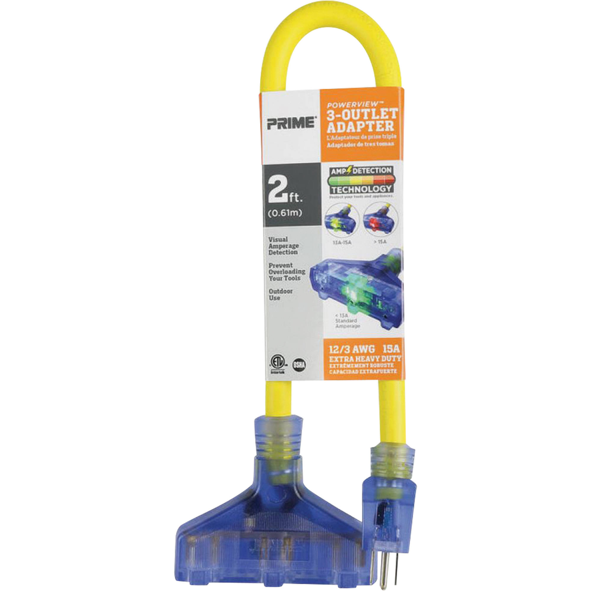 Adaptateur avec détection visuelle de l’ampérage, Extérieur, AWG 12/3, 15 A, 3 prise(s), 2'