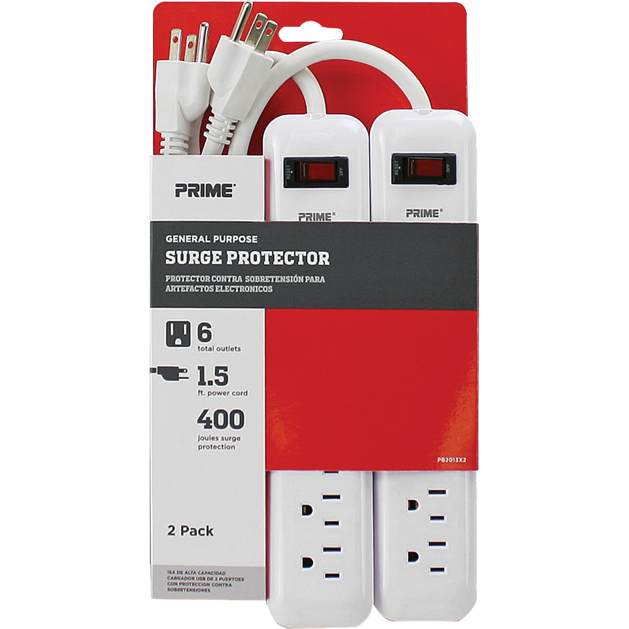 Barre multiprise limiteur de surtension, paquet de 2, 6 Prises, 400 J, 1875 W, Cordon 1,5'