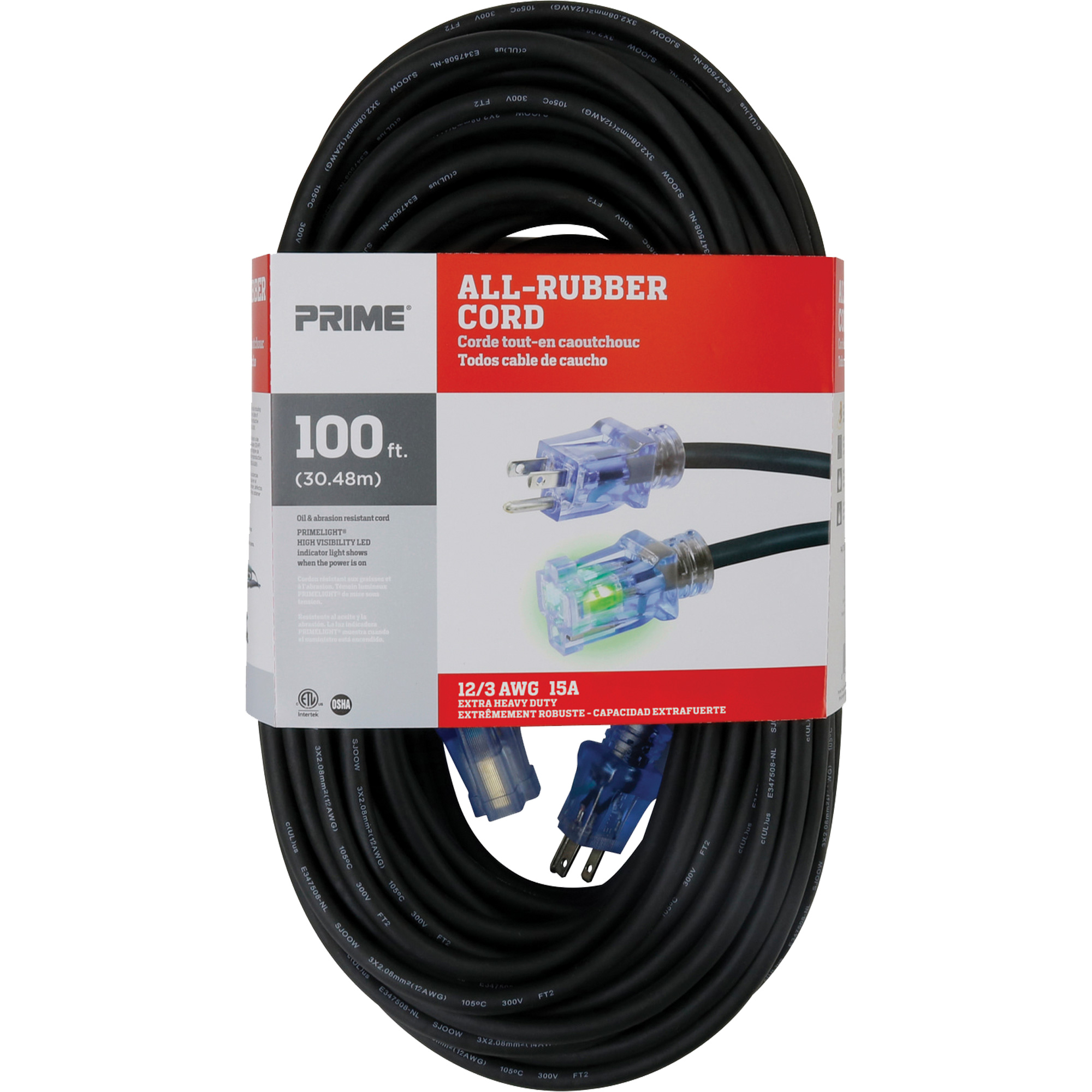 Cordon rallonge All-RubberMC, Extérieur, SJOOW, AWG 12/3, 15 A, 100'