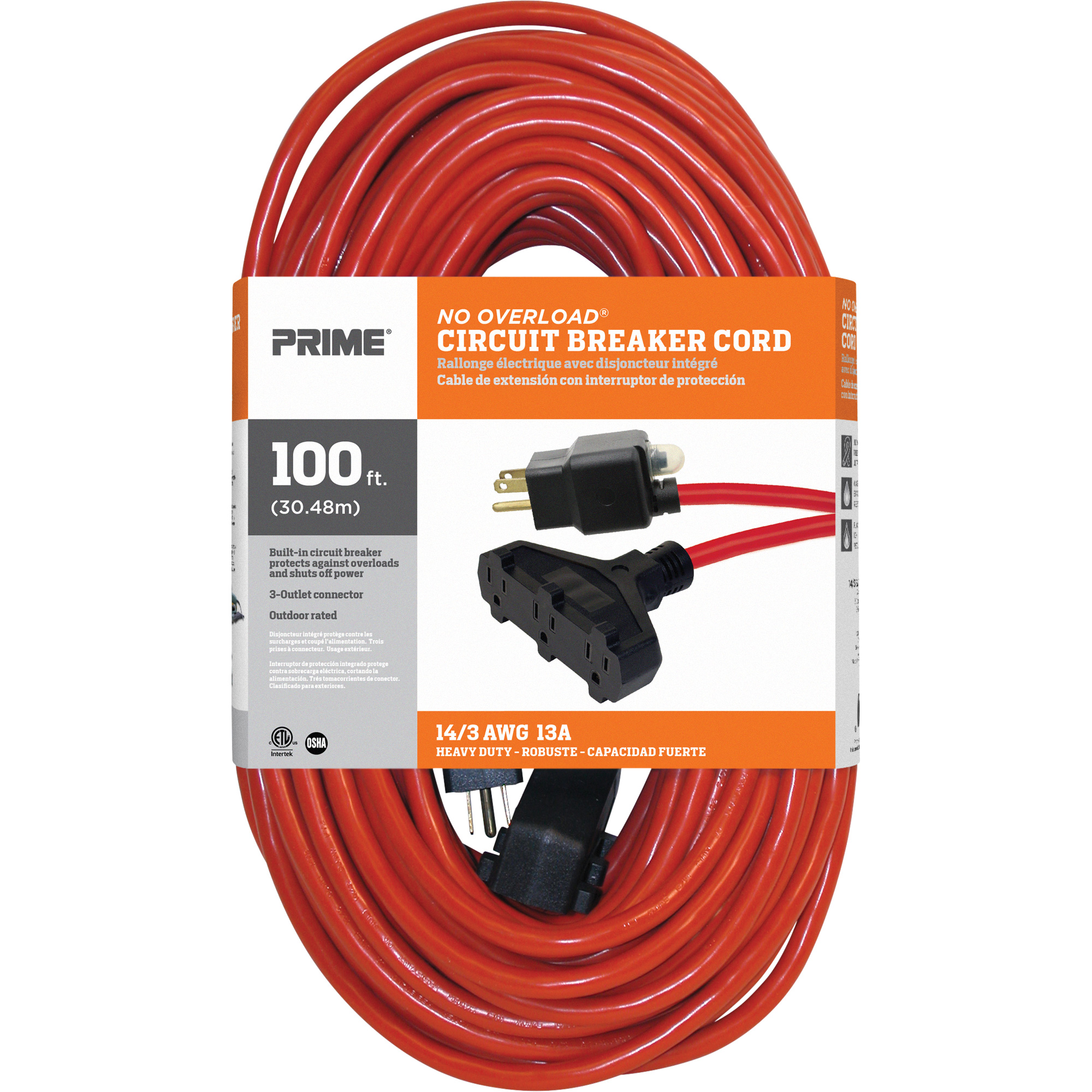 Cordon rallonge en vinyle, Extérieur, SJTW, AWG 14/3, 13 A, 3 prise(s), 100'