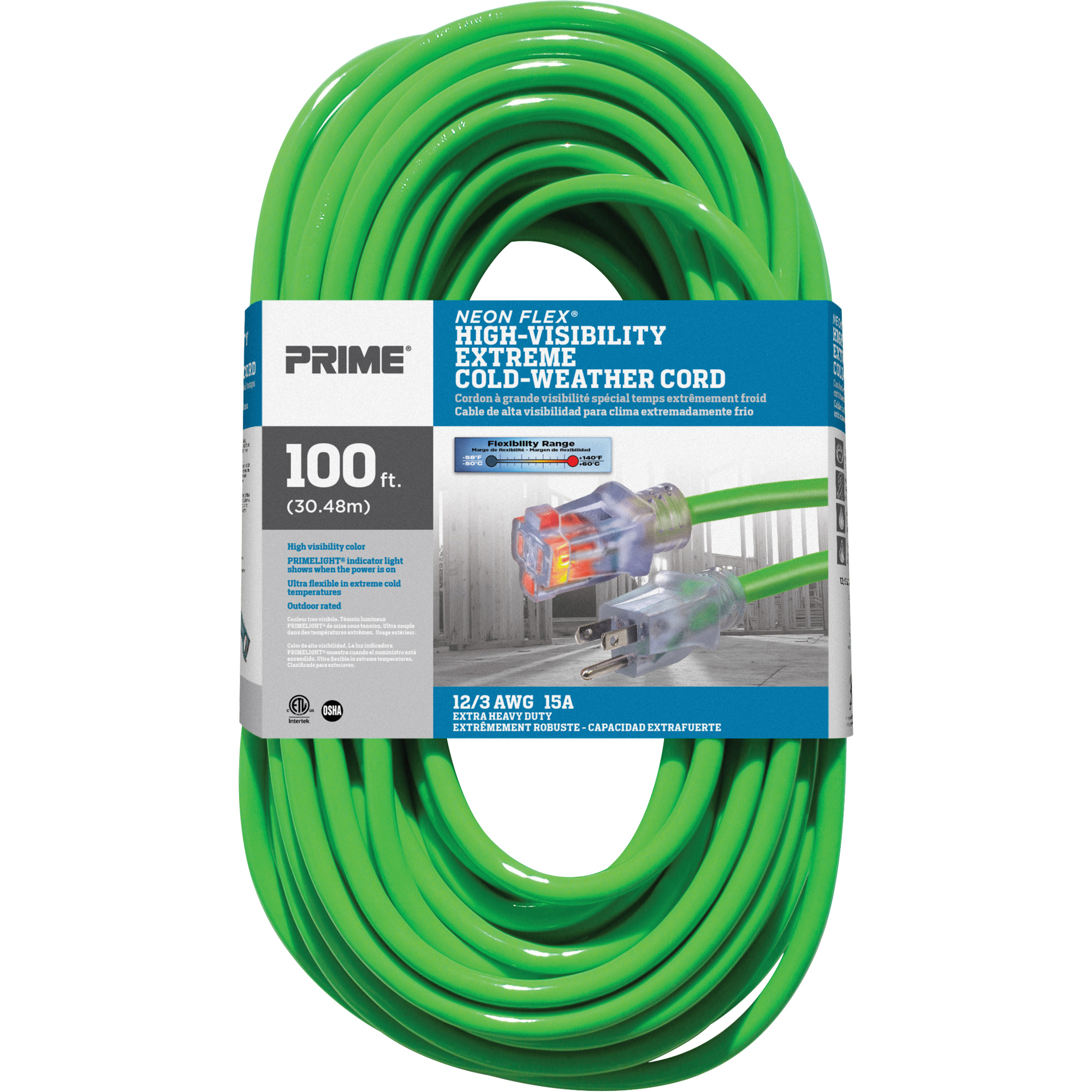 Cordon rallonge haute visibilité Neon FlexMD, Extérieur, SJTW, AWG 12/3, 15 A, 100'