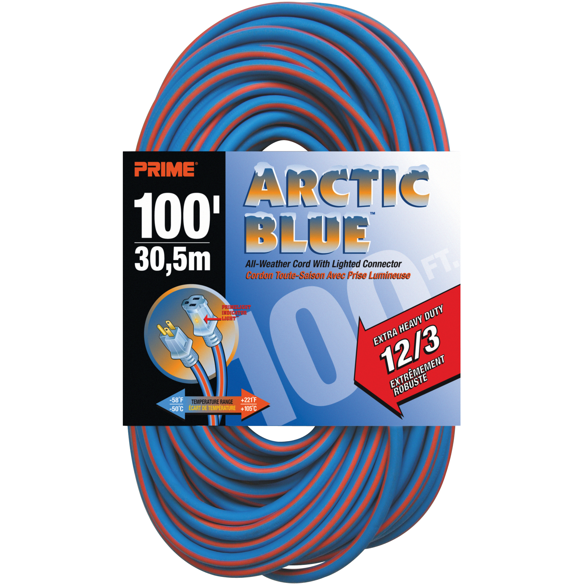 Cordon rallonge verrouillable toute saison en caoutchouc TPE Arctic BlueMC, Toutes saisons, SJEOW, AWG 12/3, 15 A, 100'