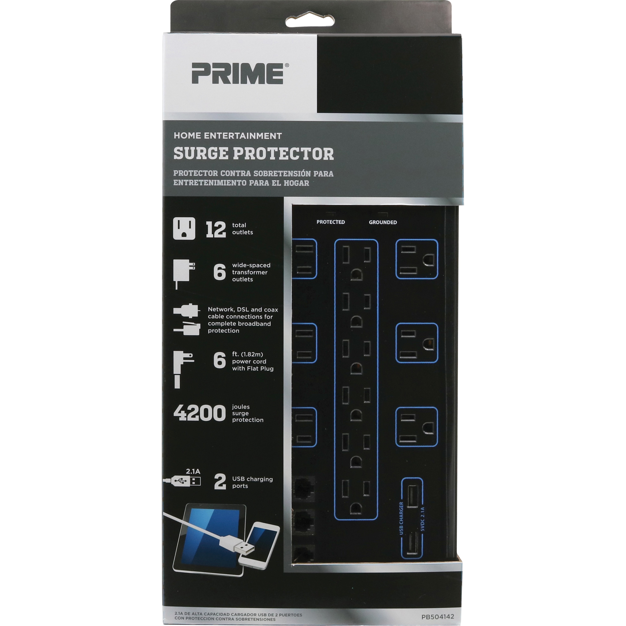 Limiteurs de surtension avec chargeur USB, 12 Prises, 4200 J, 1875 W, Cordon 6'