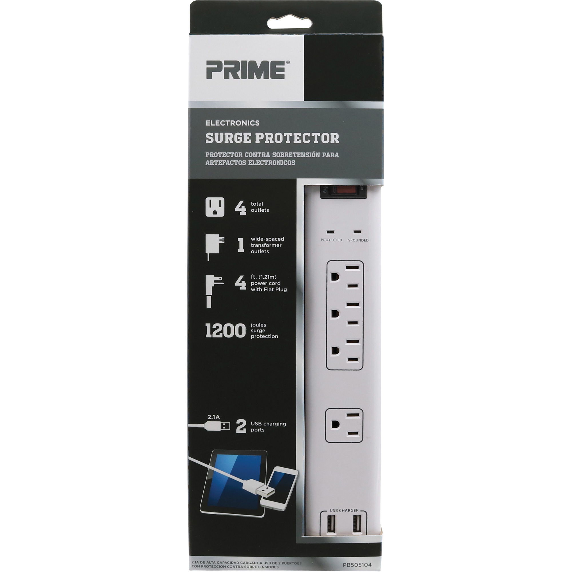 Limiteurs de surtension avec chargeur USB, 4 Prises, 1200 J, 1875 W, Cordon 4'