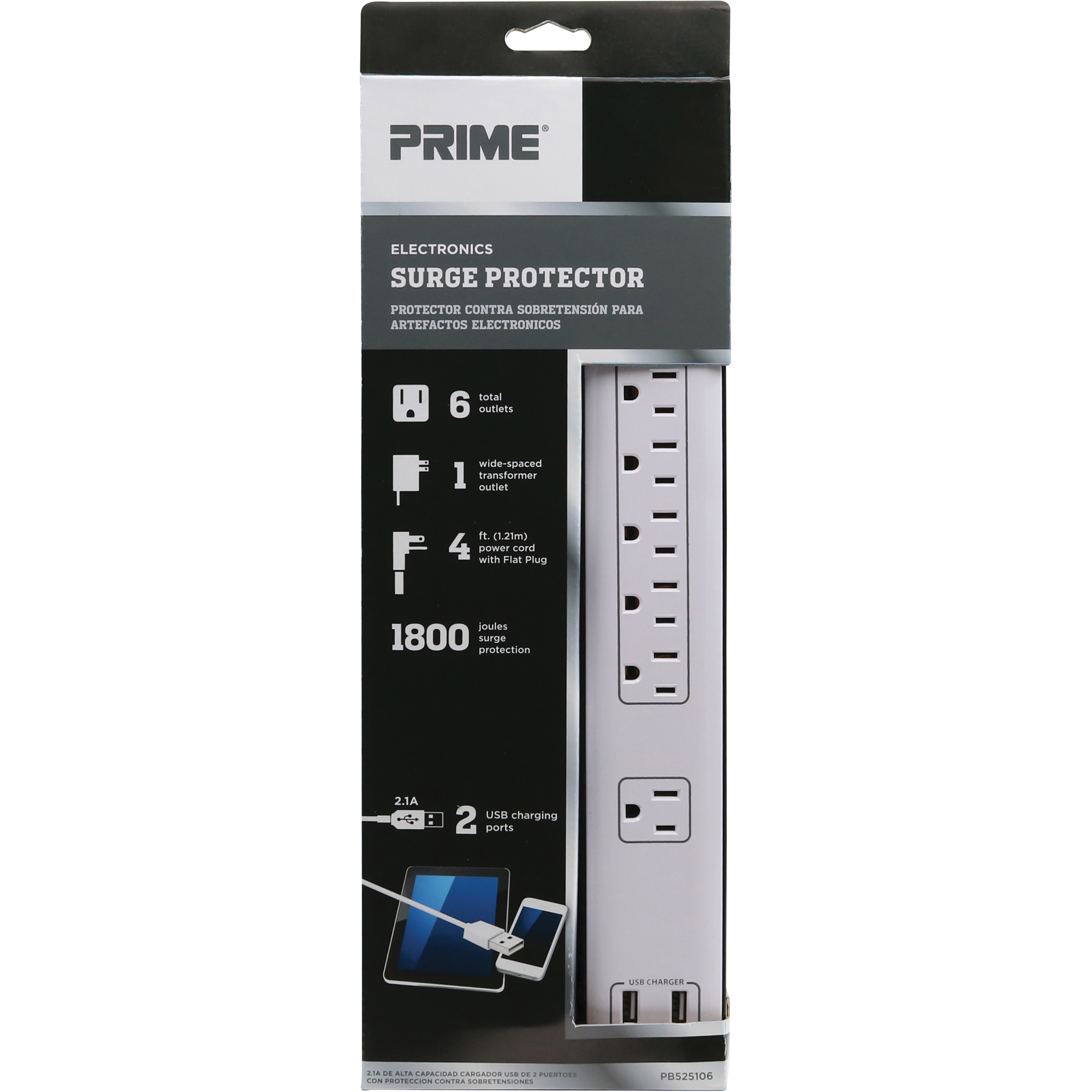 Limiteurs de surtension avec chargeur USB, 6 Prises, 1800 J, 1875 W, Cordon 4'