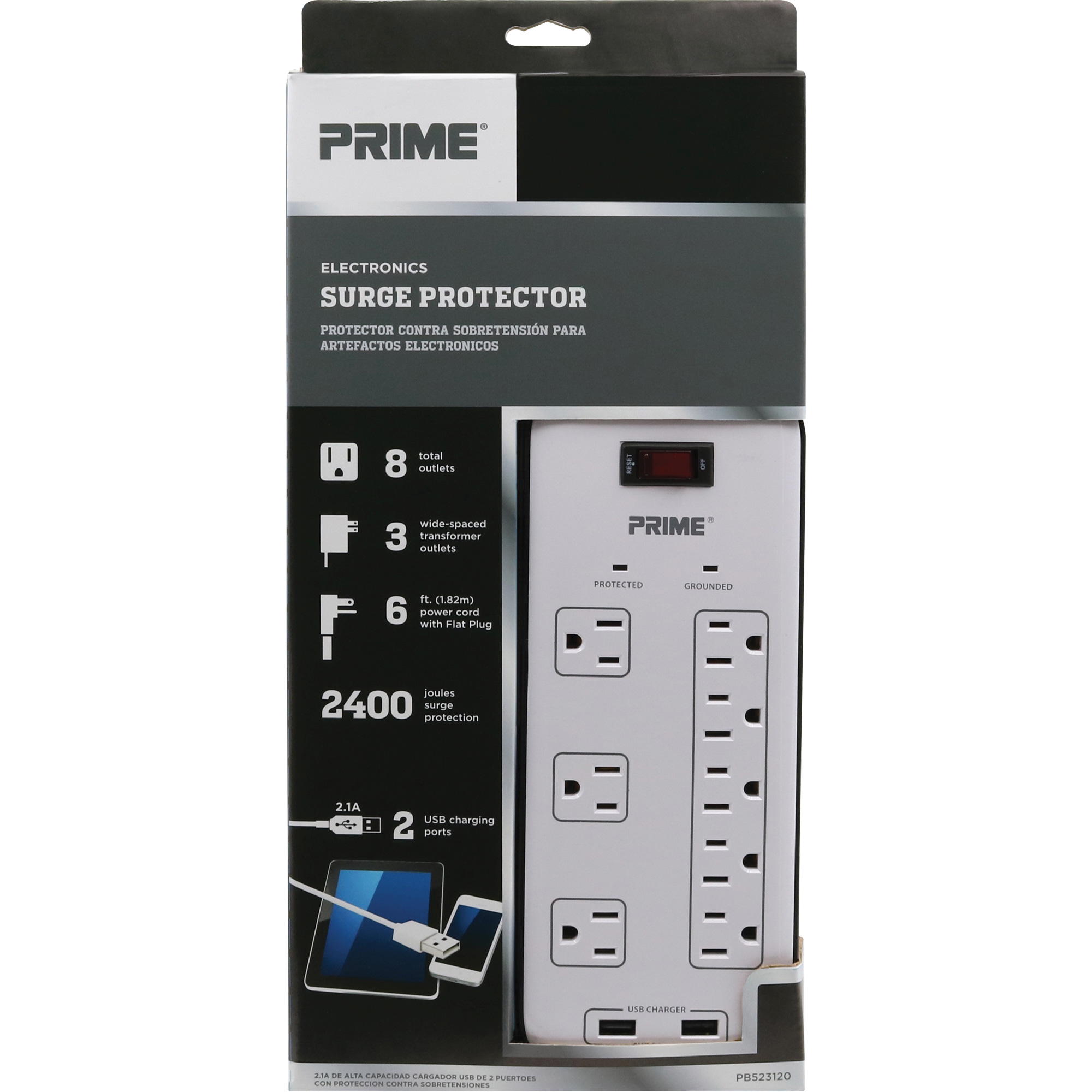 Limiteurs de surtension avec chargeur USB, 8 Prises, 2400 J, 1875 W, Cordon 6'