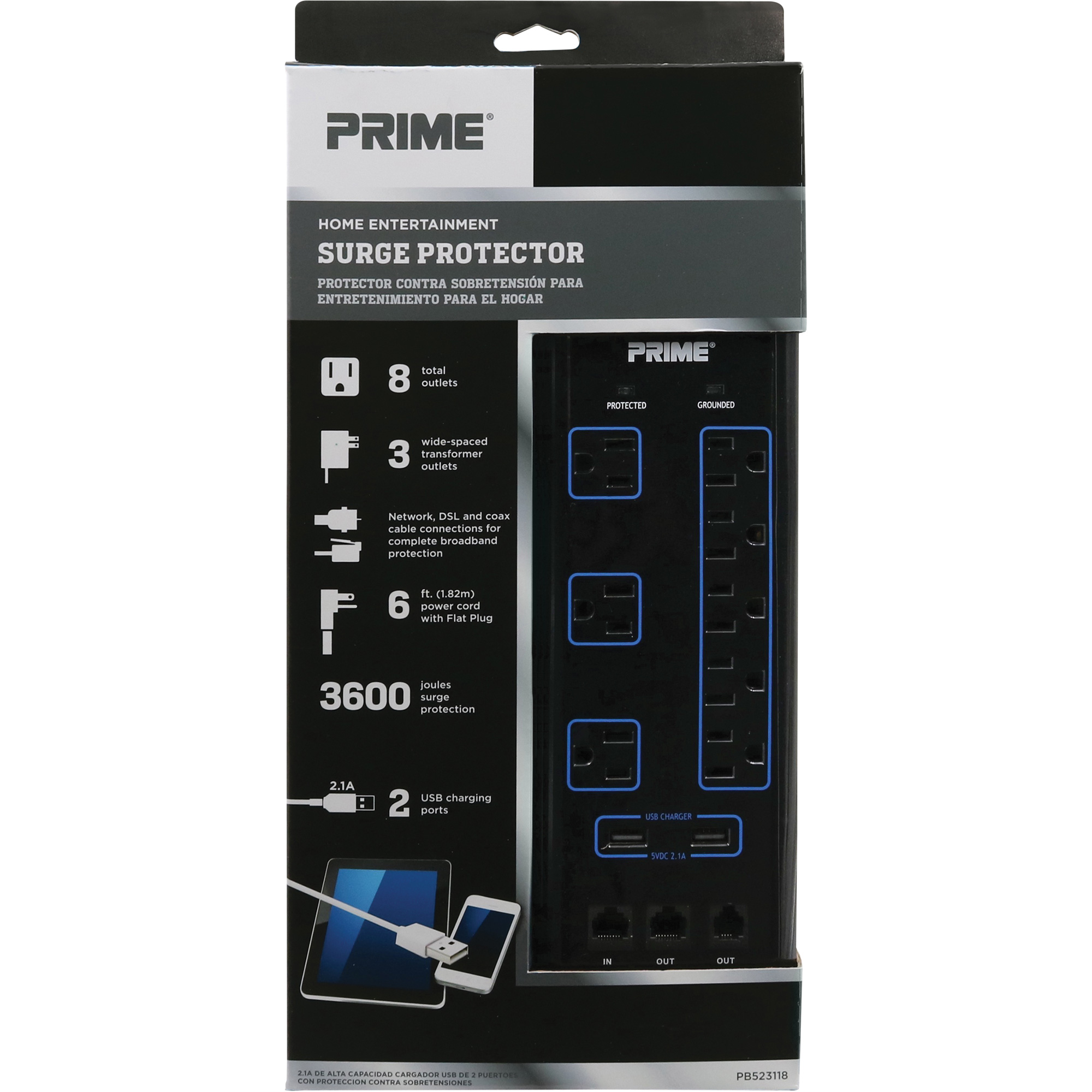 Limiteurs de surtension avec chargeur USB, 8 Prises, 3600 J, 1875 W, Cordon 6'