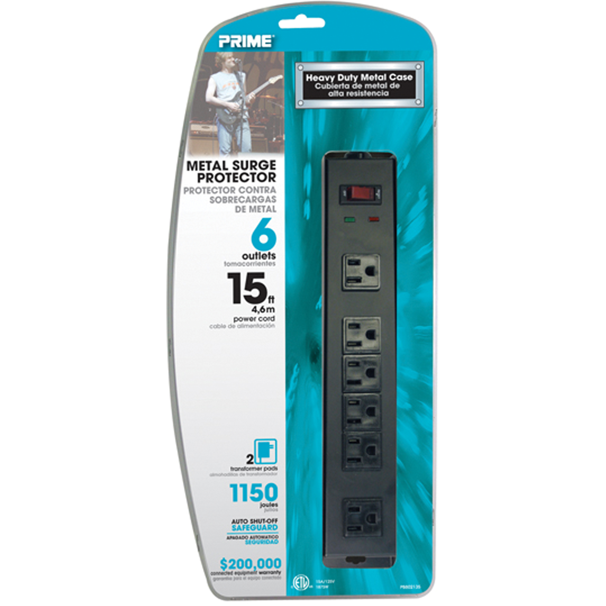 Protecteurs de surtension, 6 Prises, 1150 J, 1875 W, Cordon 15'