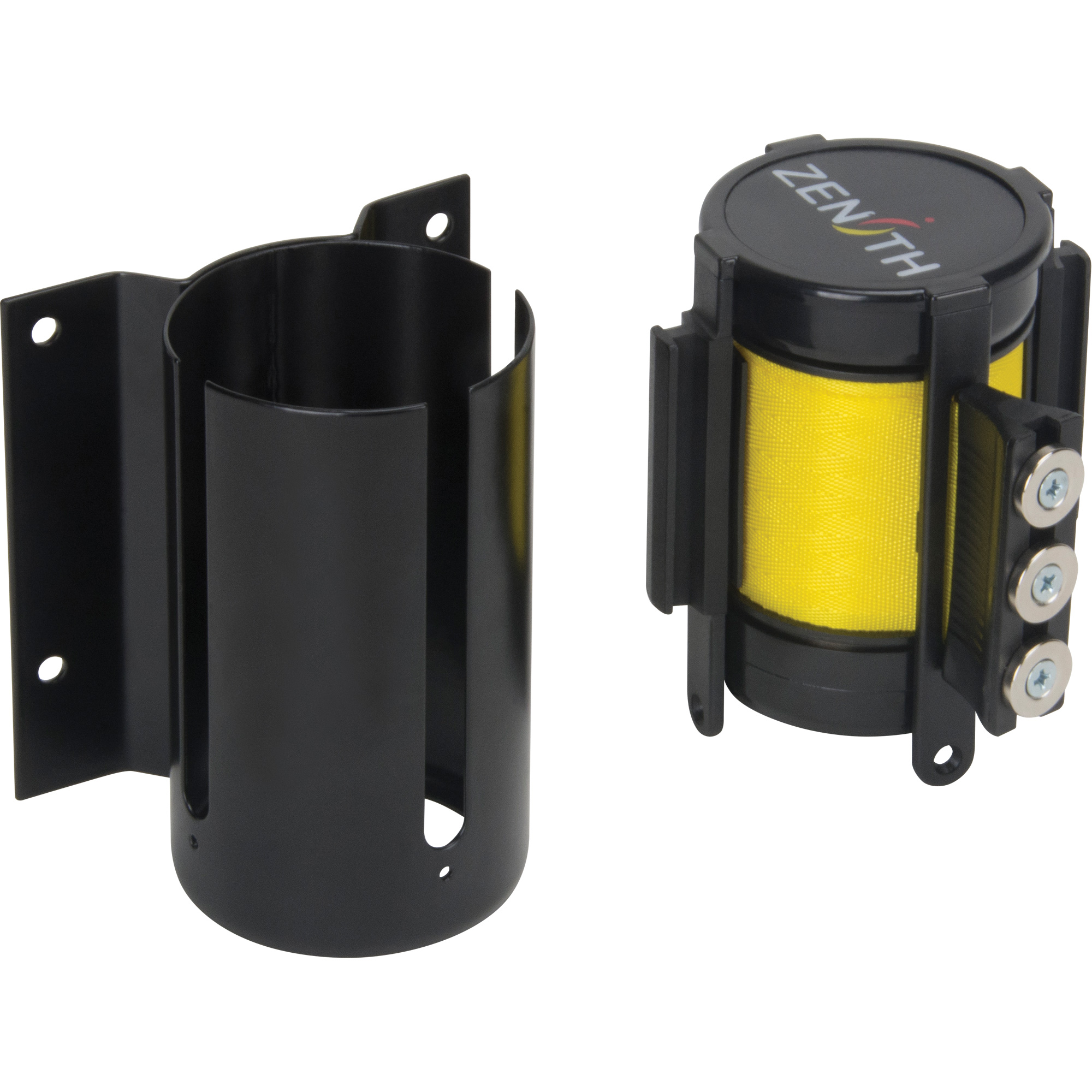 Barrière à fixation murale avec ruban magnétique, Acier, Fixation par vis, 12', Ruban Jaune