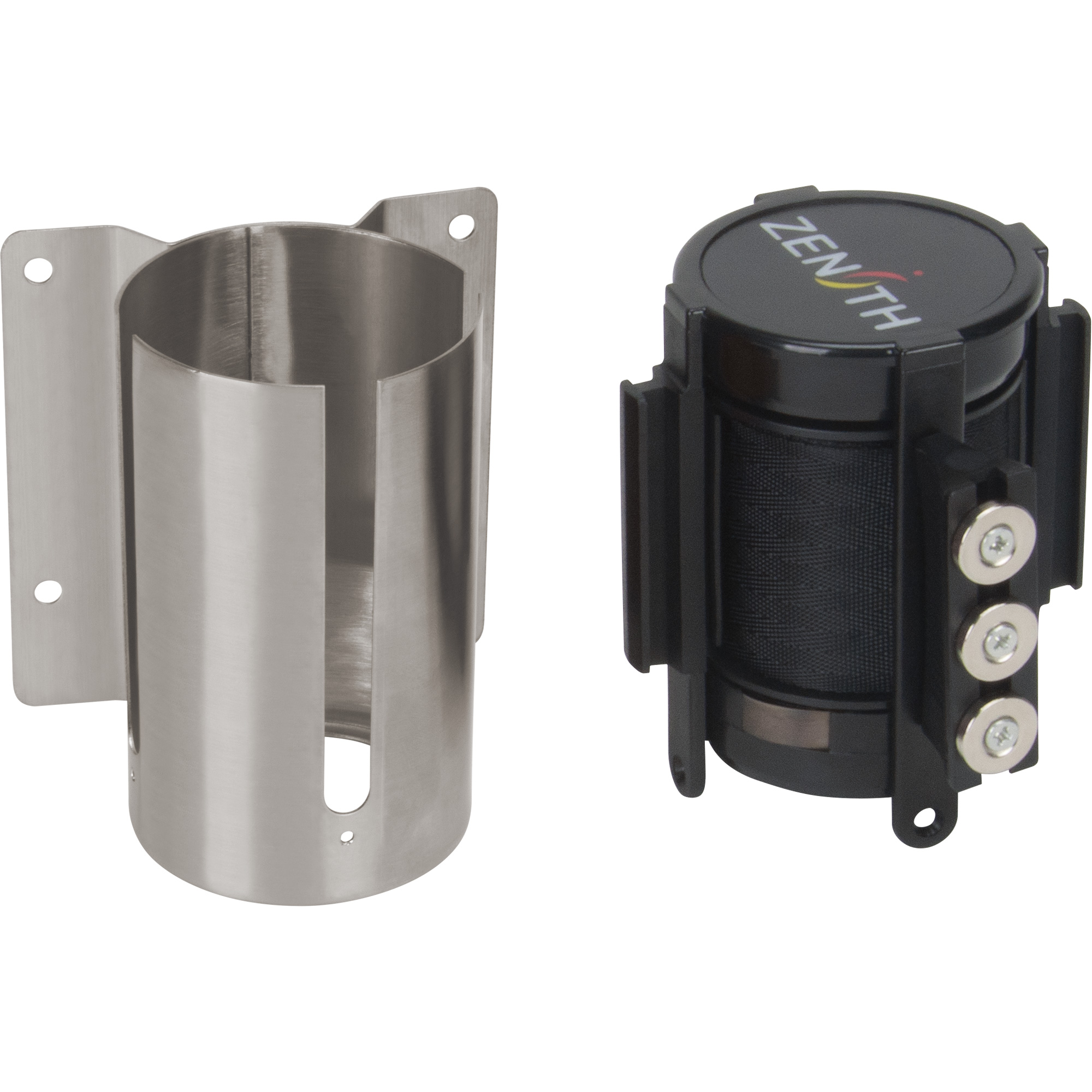 Barrière à fixation murale avec ruban magnétique, Acier, Fixation par vis, 12', Ruban Noir