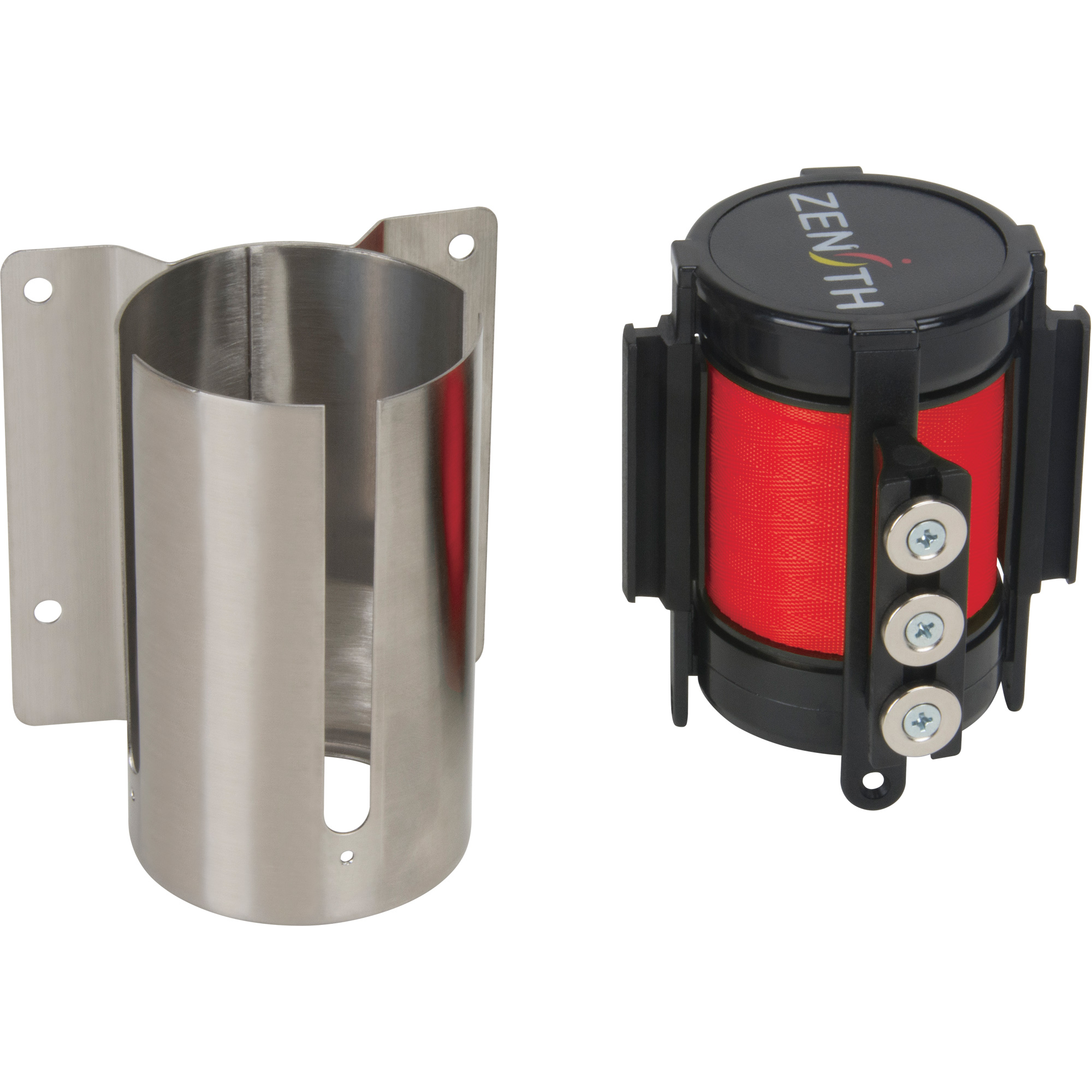 Barrière à fixation murale avec ruban magnétique, Acier, Fixation par vis, 12', Ruban Rouge