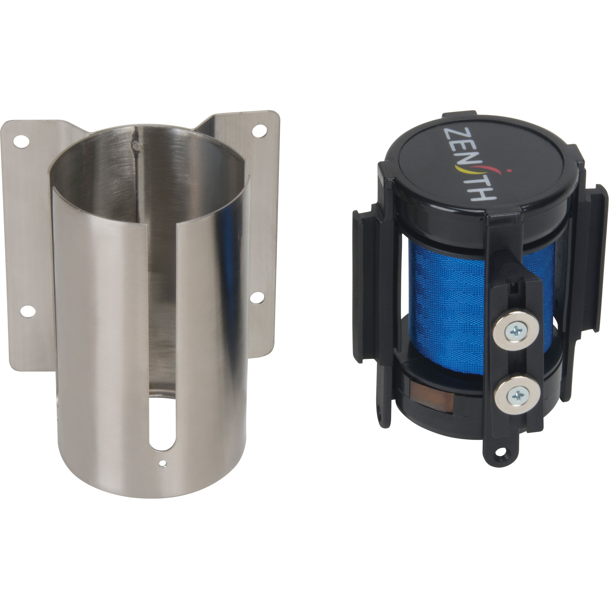 Barrière à fixation murale avec ruban magnétique, Acier, Fixation par vis, 7', Ruban Bleu
