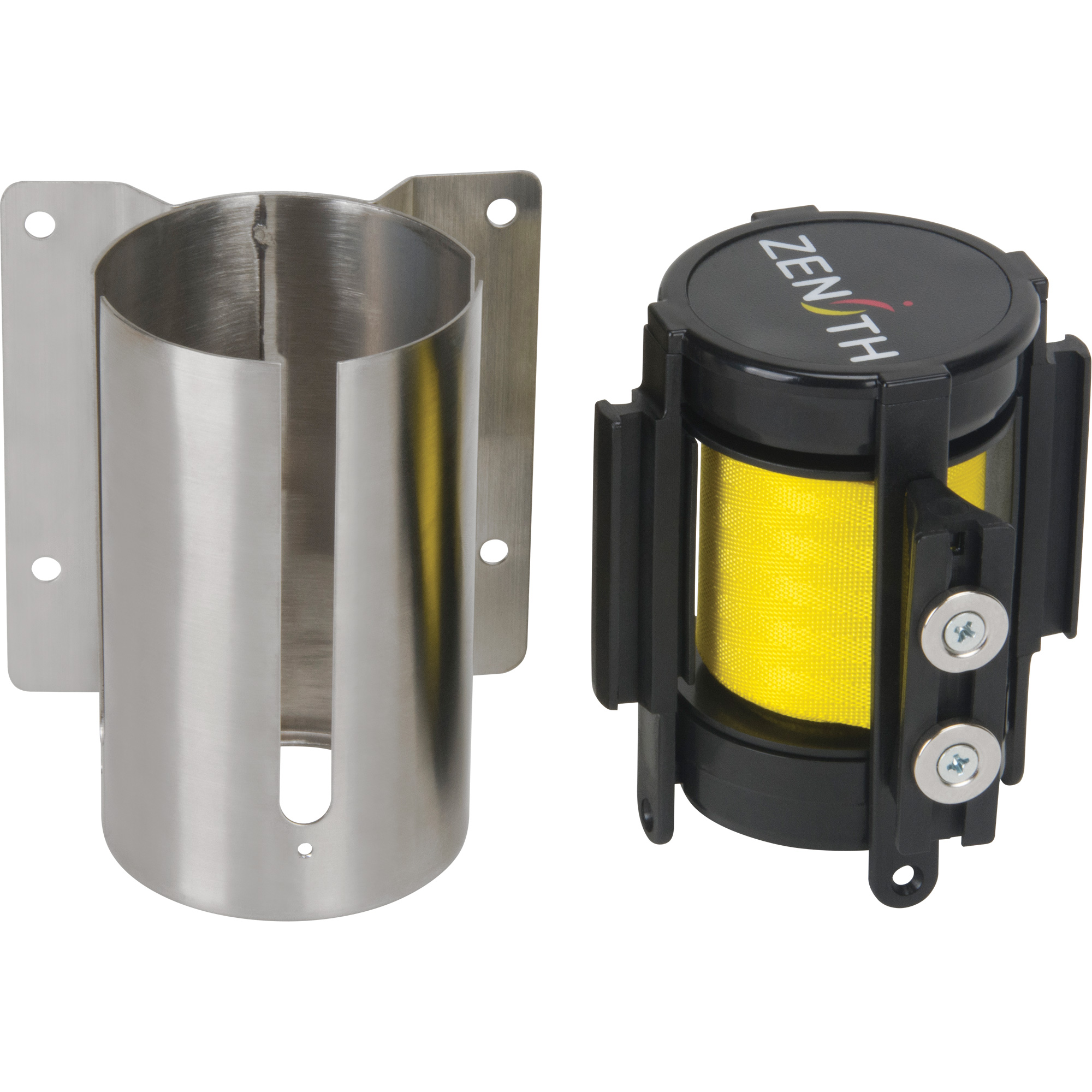 Barrière à fixation murale avec ruban magnétique, Acier, Fixation par vis, 7', Ruban Jaune