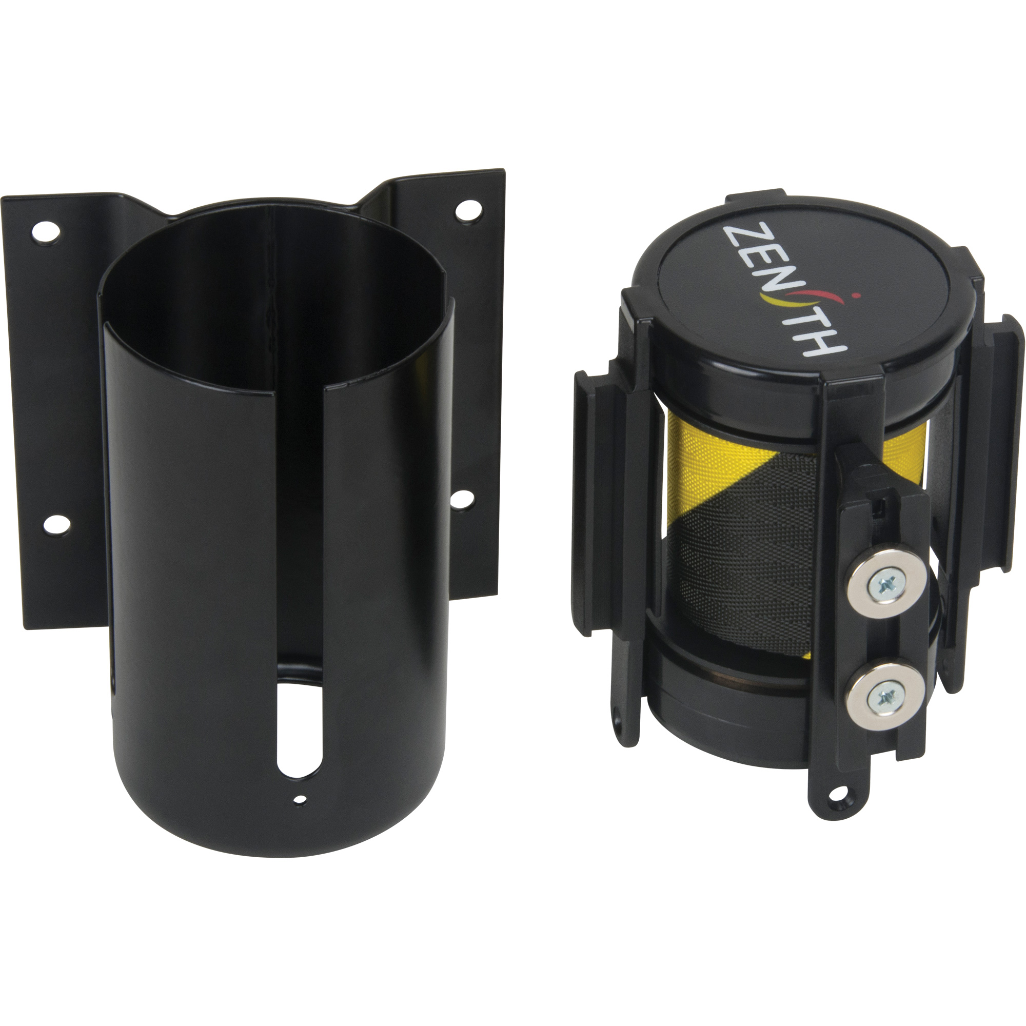 Barrière à fixation murale avec ruban magnétique, Acier, Fixation par vis, 7', Ruban Noir et jaune
