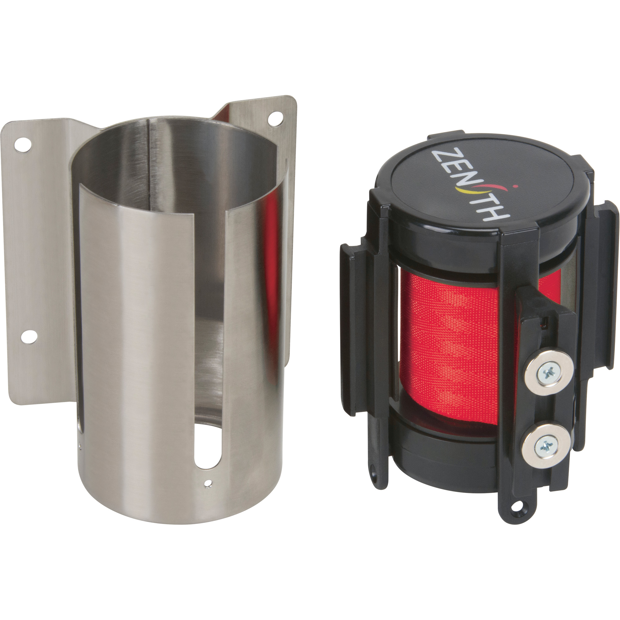 Barrière à fixation murale avec ruban magnétique, Acier, Fixation par vis, 7', Ruban Rouge