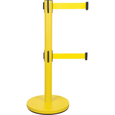 Barrière pour le contrôle des foules à courroie double, Acier, 35" h, Ruban Jaune, Longueur du ruban 7'