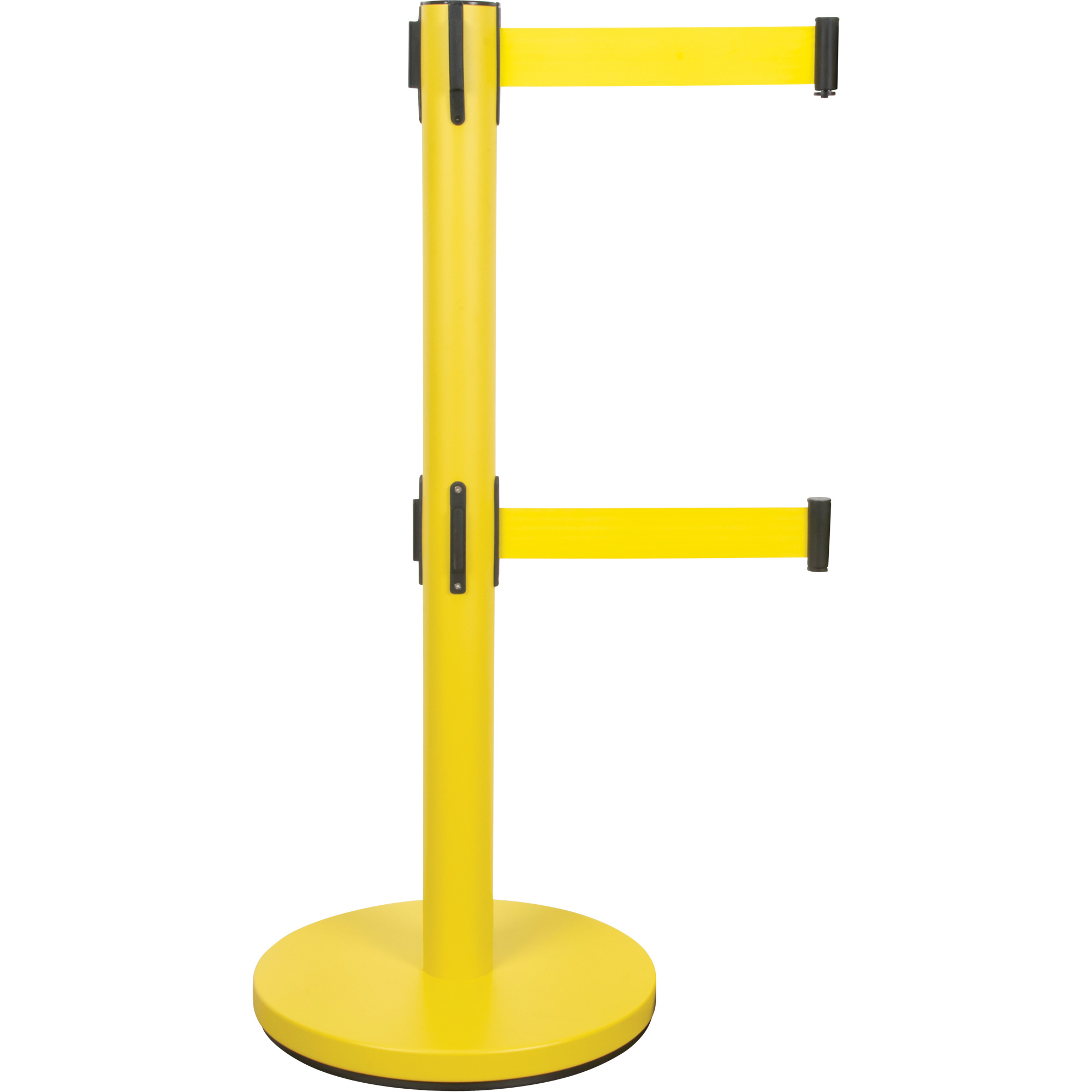 Barrière pour le contrôle des foules à courroie double, Acier, 35" h, Ruban Jaune, Longueur du ruban 7'