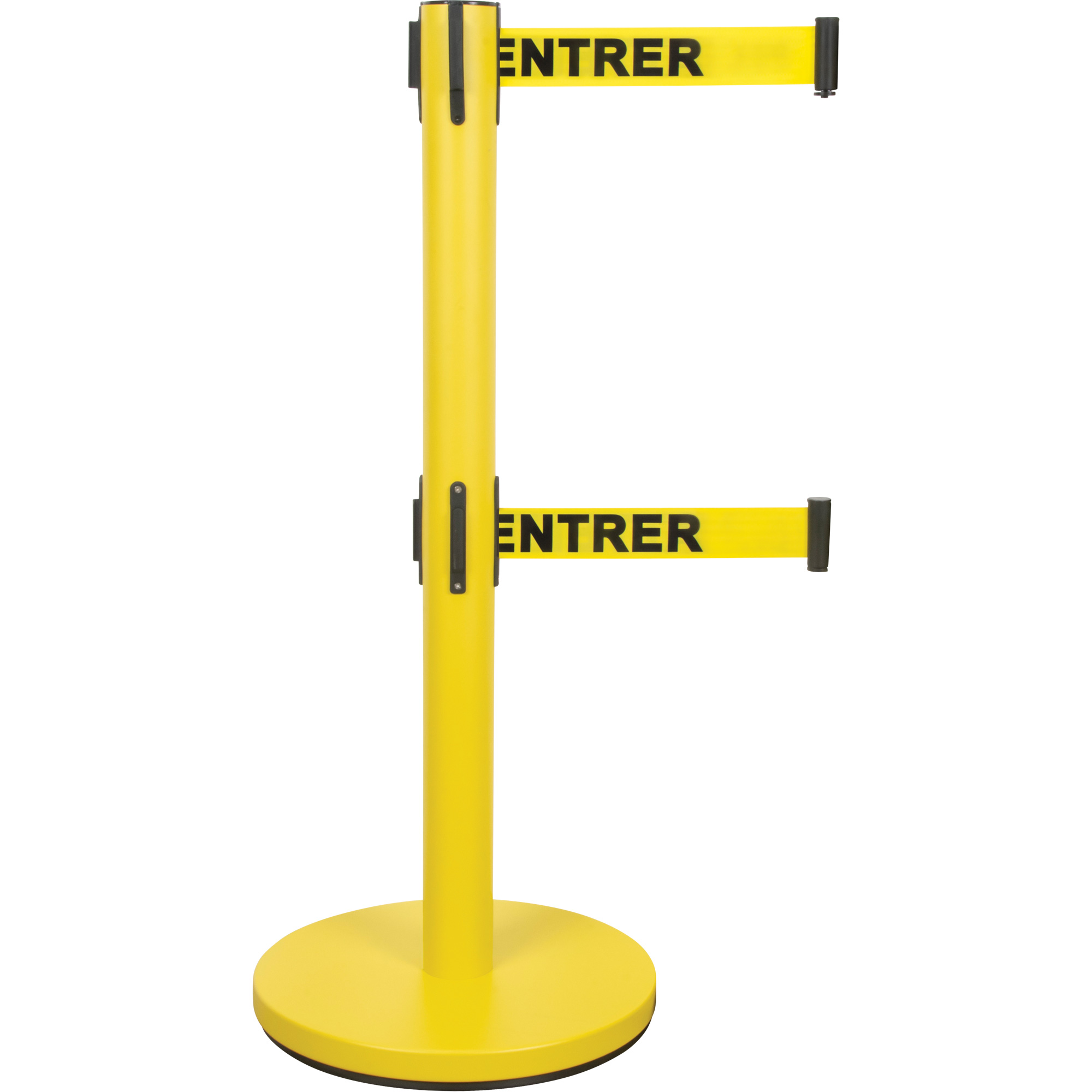 Barrière pour le contrôle des foules à courroie double, Acier, 35" h, Ruban Jaune, Longueur du ruban 7'
