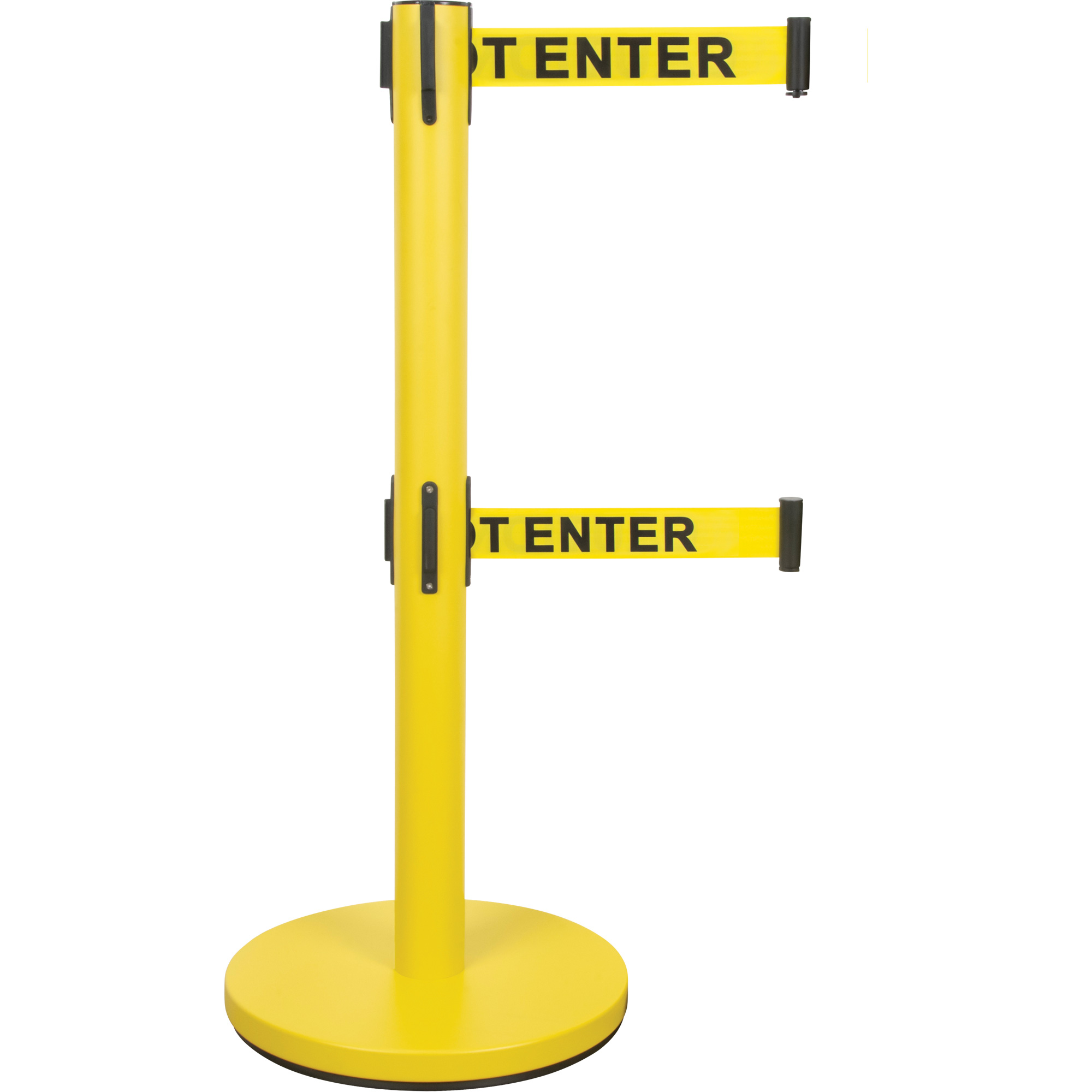 Barrière pour le contrôle des foules à courroie double, Acier, 35" h, Ruban Jaune, Longueur du ruban 7'