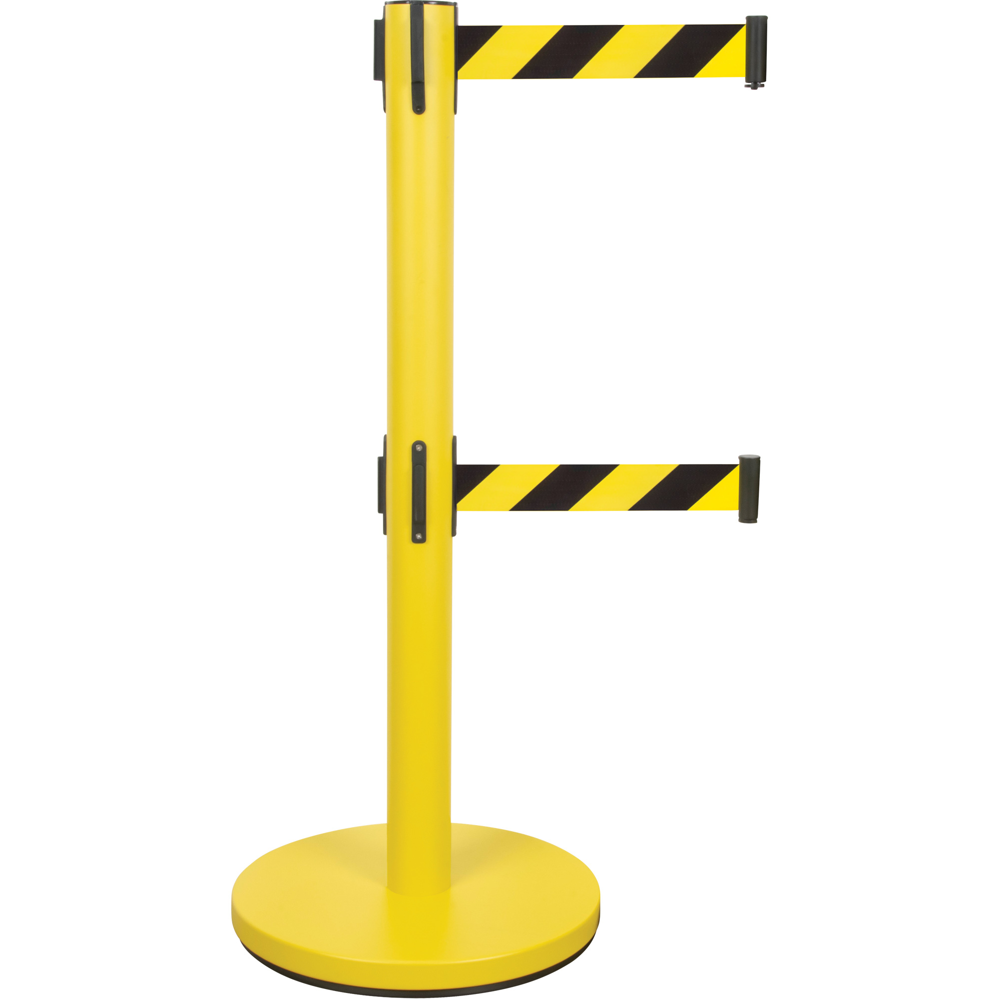 Barrière pour le contrôle des foules à courroie double, Acier, 35" h, Ruban Noir/Jaune, Longueur du ruban 7'