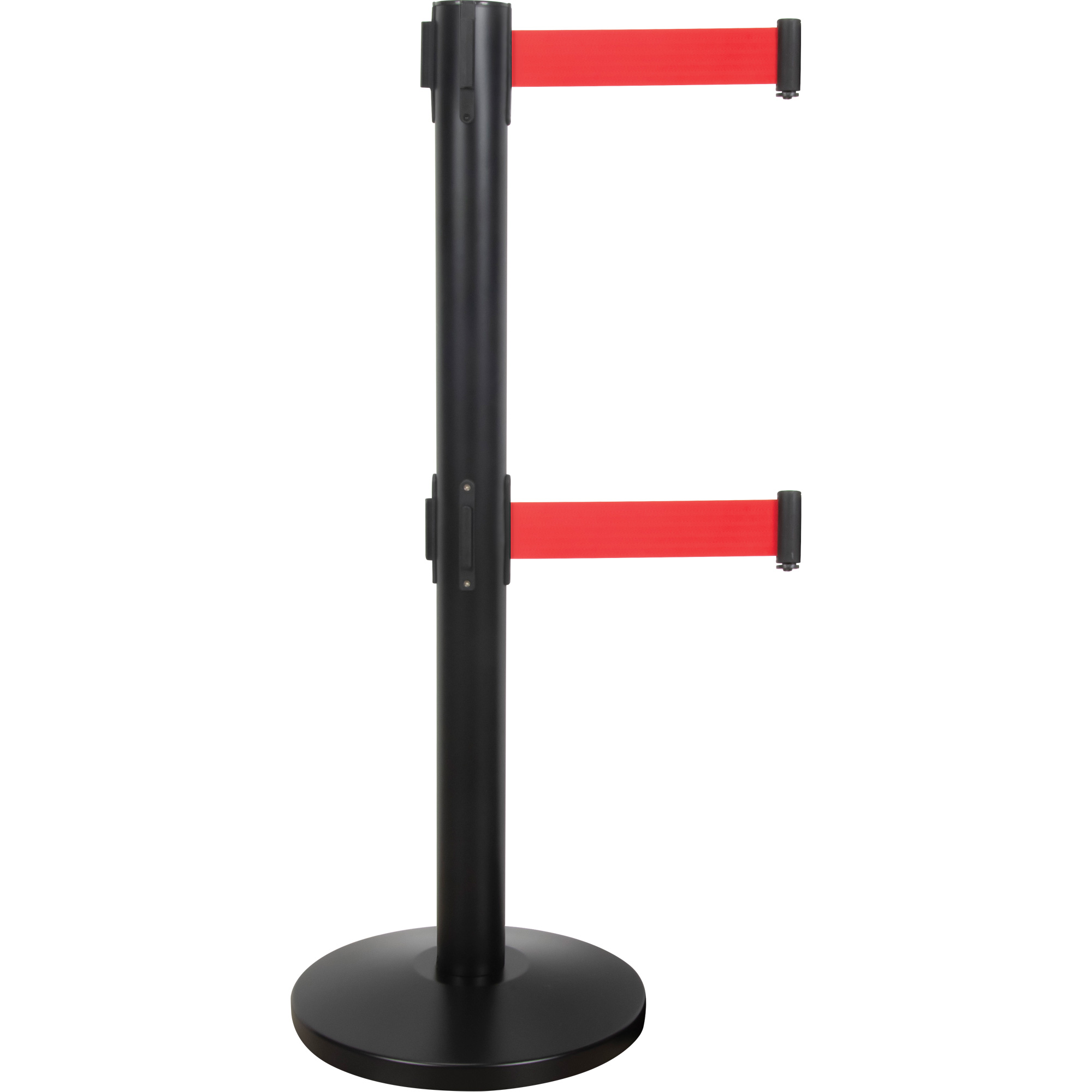 Barrière pour le contrôle des foules à courroie double, Acier, 35" h, Ruban Rouge, Longueur du ruban 7'