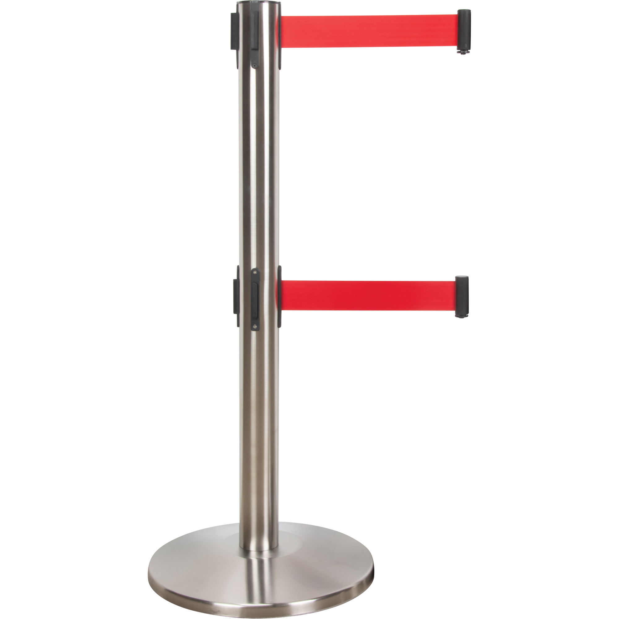 Barrière pour le contrôle des foules à courroie double, Acier, 35" h, Ruban Rouge, Longueur du ruban 7'