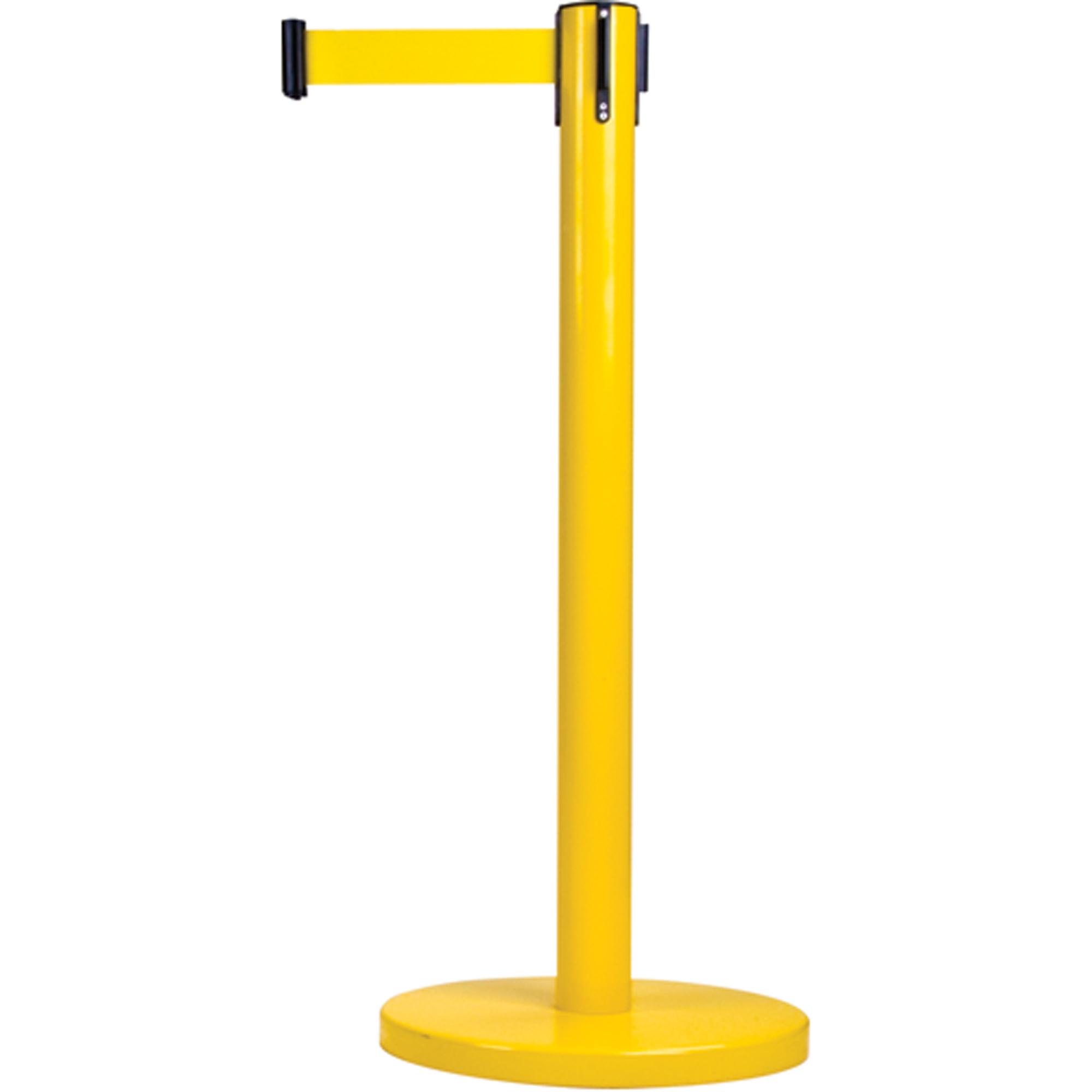 Barrières sur pieds pour le contrôle des foules, Acier, 35" h, Ruban Jaune, Longueur du ruban 12'