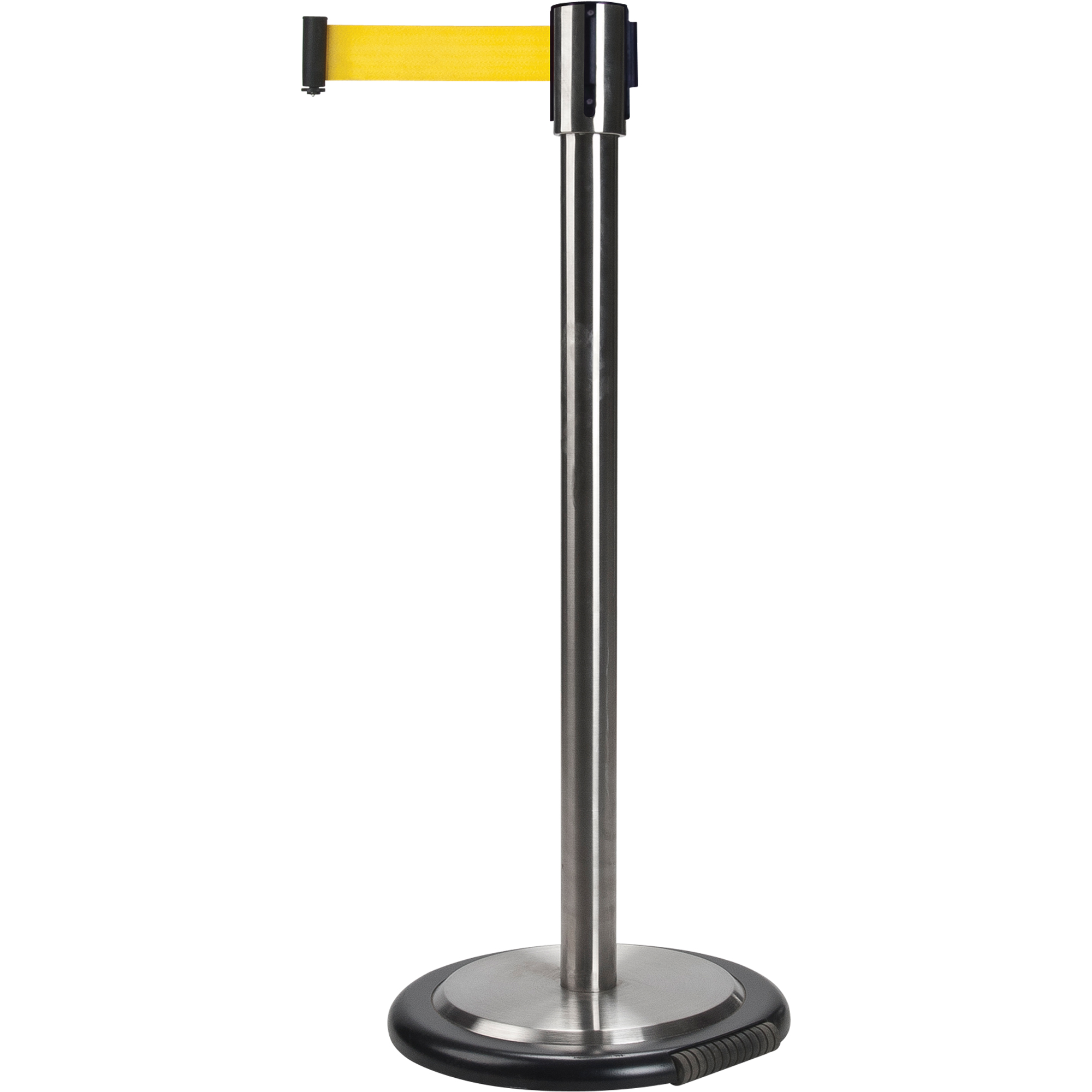 Barrières sur pieds pour le contrôle des foules, Acier, 35" h, Ruban Jaune, Longueur du ruban 12'